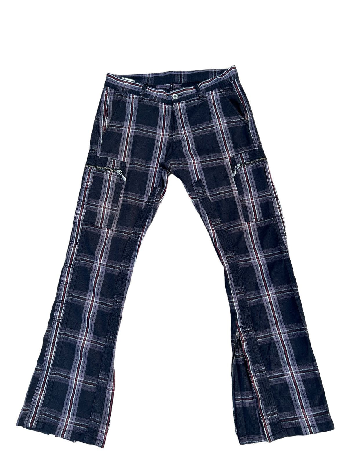 image of Designer Double Edge Japan Multi Pocket Plaid Flare Cargo Trouser, Men's (Size 31)