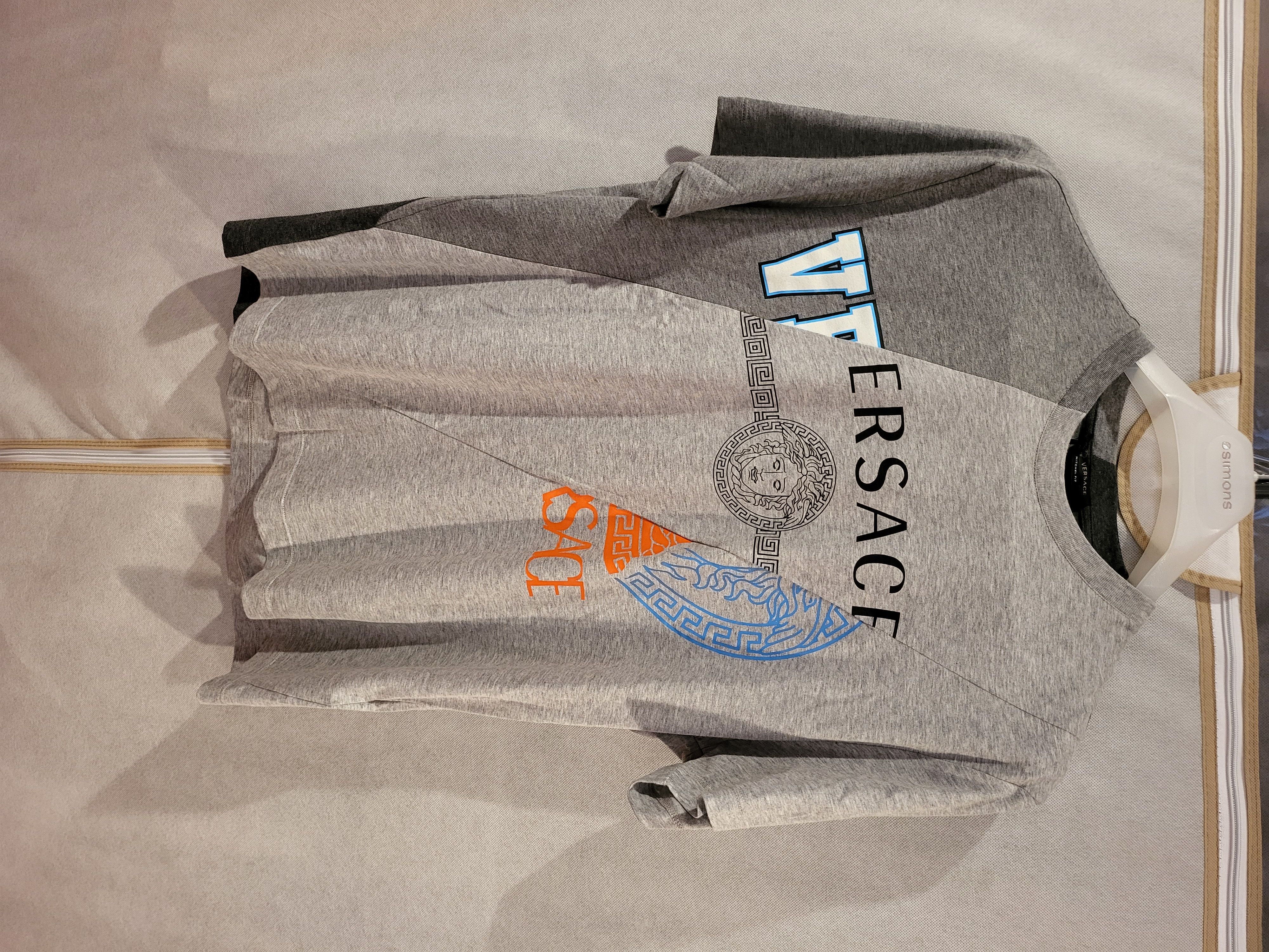 image of Versace Mixed Print Logo Pattern T-Shirt in Grey, Men's (Size Medium)