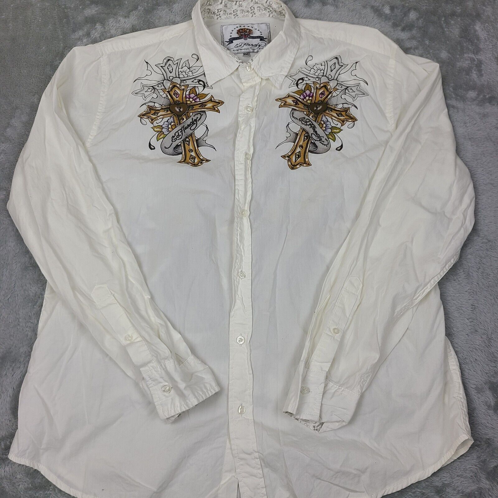 image of Christian Audigier Ed Hardy Eagle Buttonup Longsleeve Don in Beige, Men's (Size 2XL)