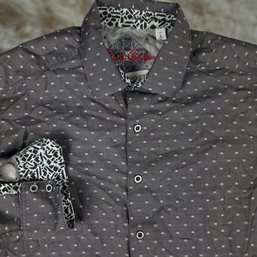 ROBERT GRAHAM Shirt Classic Fit Long Sleeve Button-Up Geometric Gray Adult Large Mens