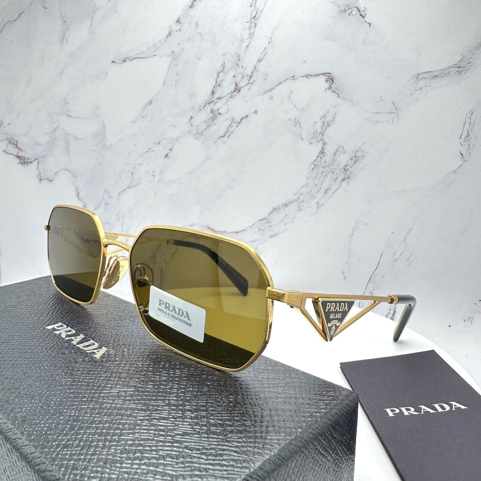 New Prada Sunglasses Gold Metal Black Plaque Triangle Logo