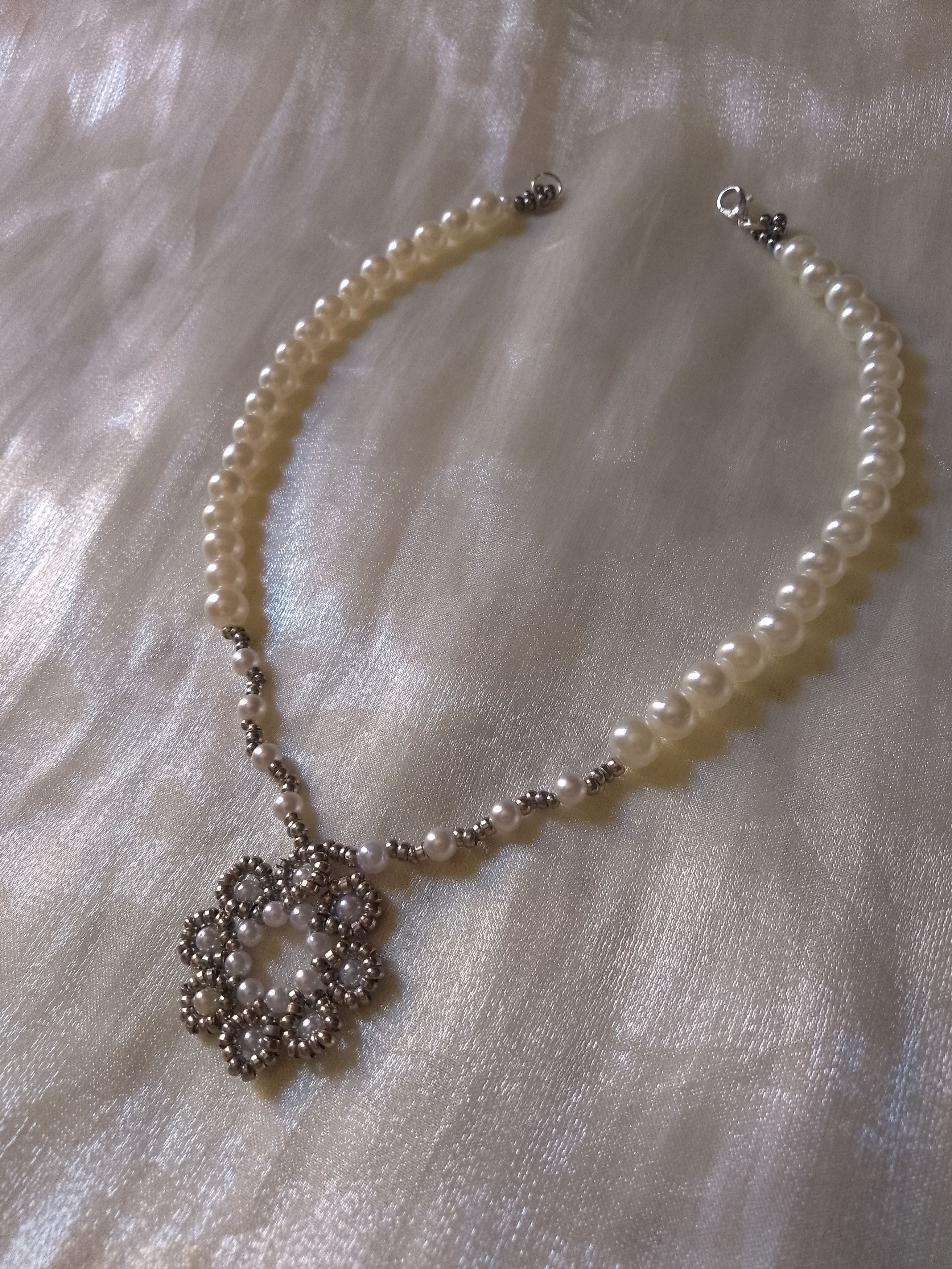 Handmade Necklace Pearls Flower Beaded Pendant Elegant Size ONE SIZE - 1 Thumbnail