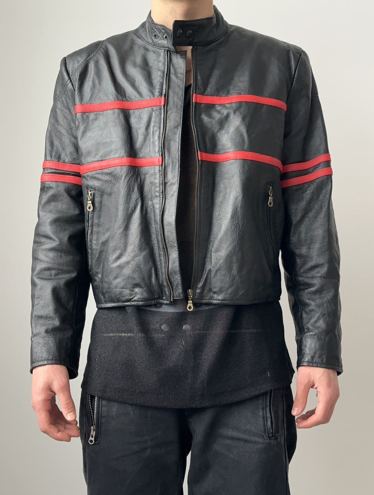 Avant Garde Vintage Y2K Racing Cropped Black Red Leather Track Jacket ...