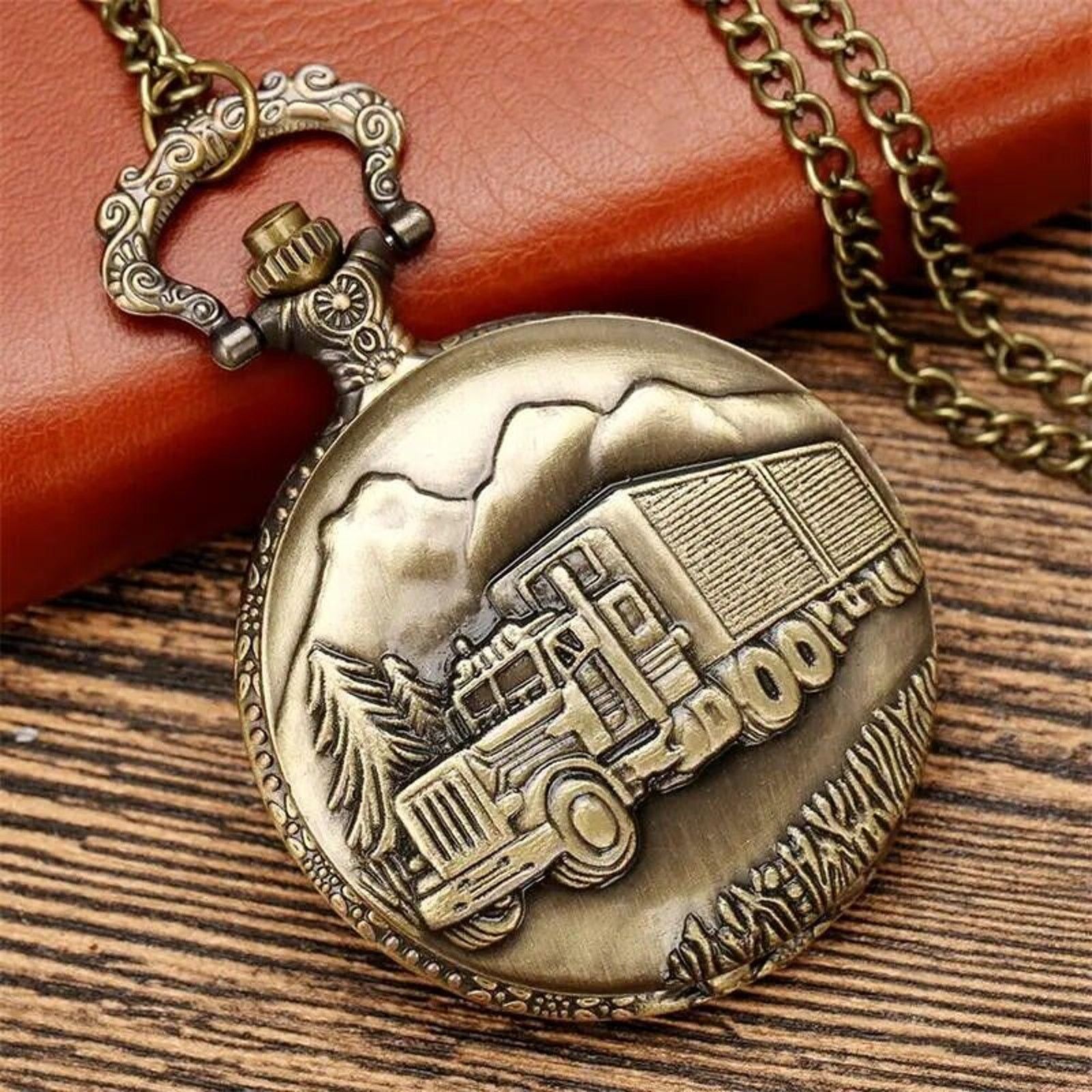Other Pocket Watch & Chain • Semi Truck • Trucker • Aged Bronze Size ONE SIZE - 2 Thumbnail