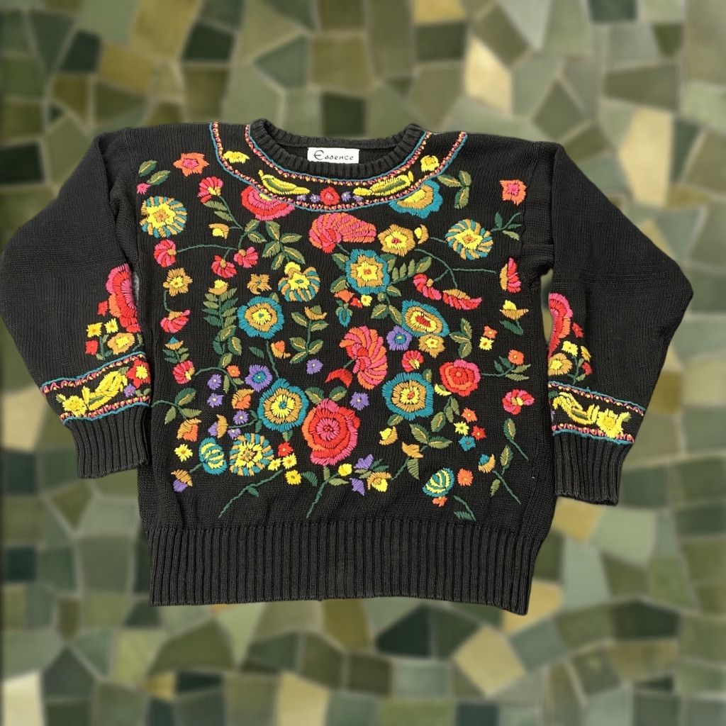Vintage VINTAGE? Essence Sweater Women Large Black Floral Embroidered Pullover Boho Ramie Cotton Pullover L Floral Embroidered Womens Size L / US 10 / IT 46 - 1 Thumbnail