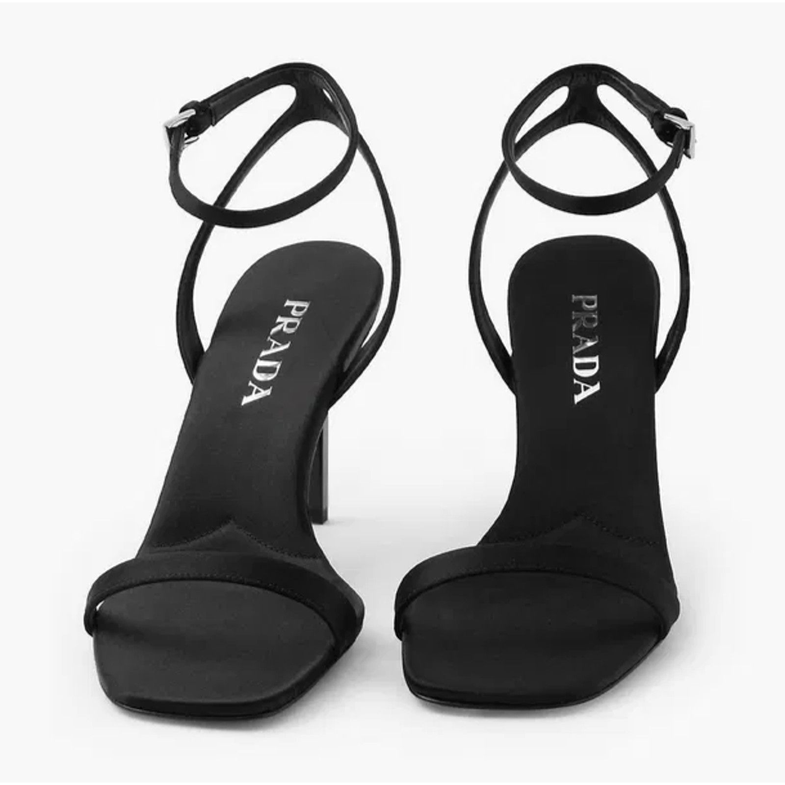 Prada Prada 85mm Black Satin Logo Geometric Heel Sandal 39 Size US 9 / IT 39 - 11 Thumbnail