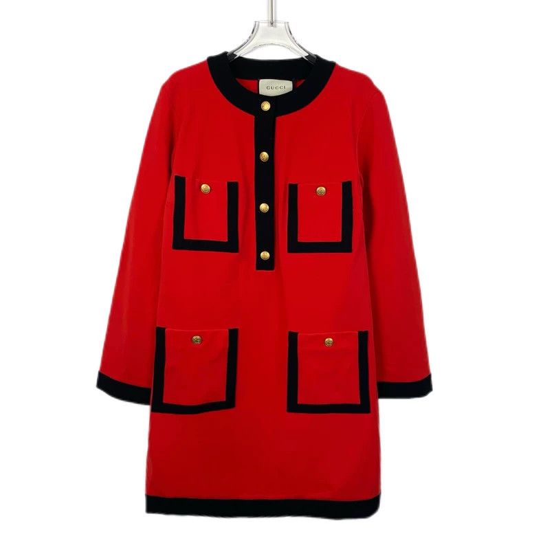 GucciRed gold button multi-pocket round-neck long-sleeved d