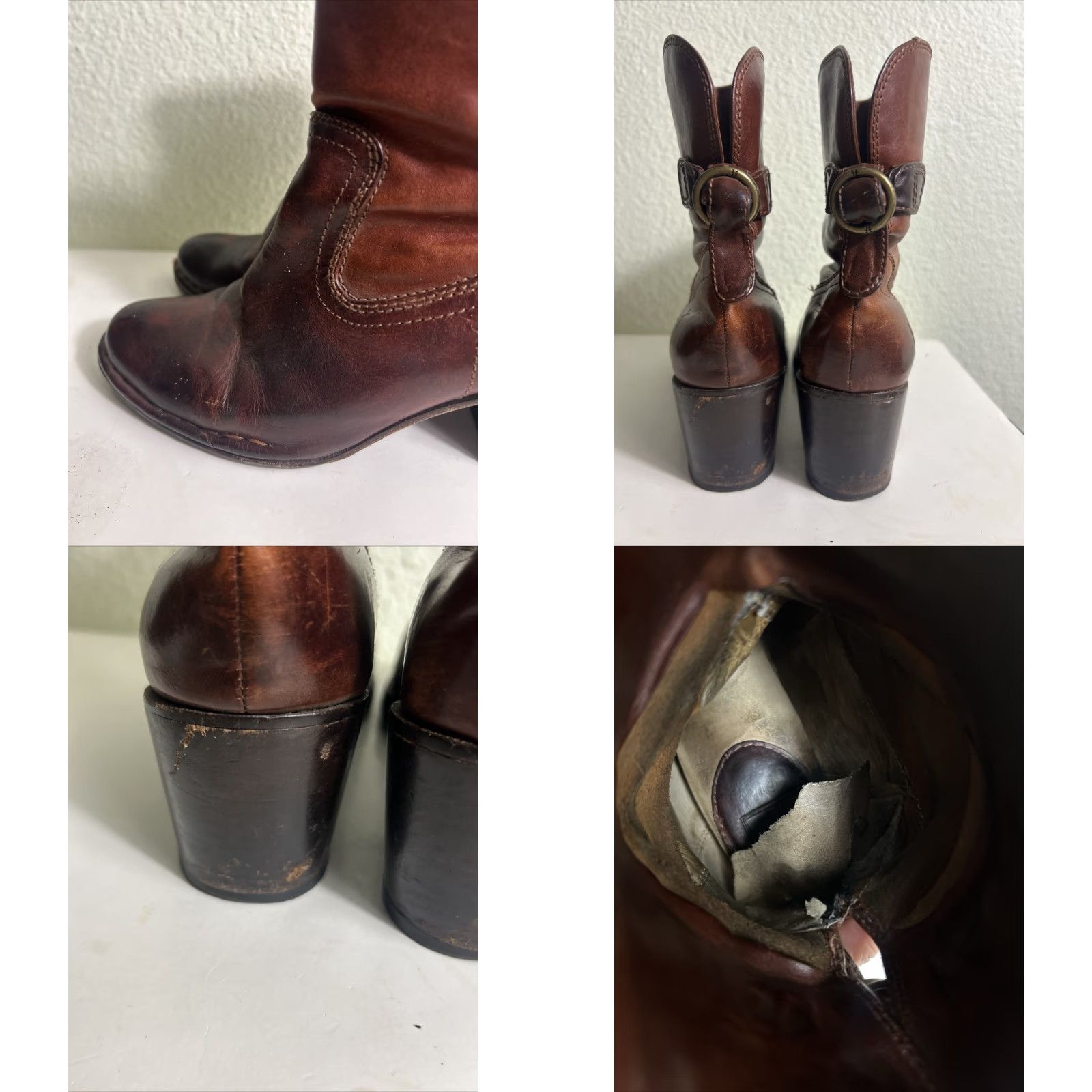 Frye FRYE Lucinda Short Brown Leather Bootie Boots Women 6.5 M Buckle Leather Inside Flaw Mid-Calf Almond Toe Size 28" / US 6 / IT 42 - 9 Thumbnail