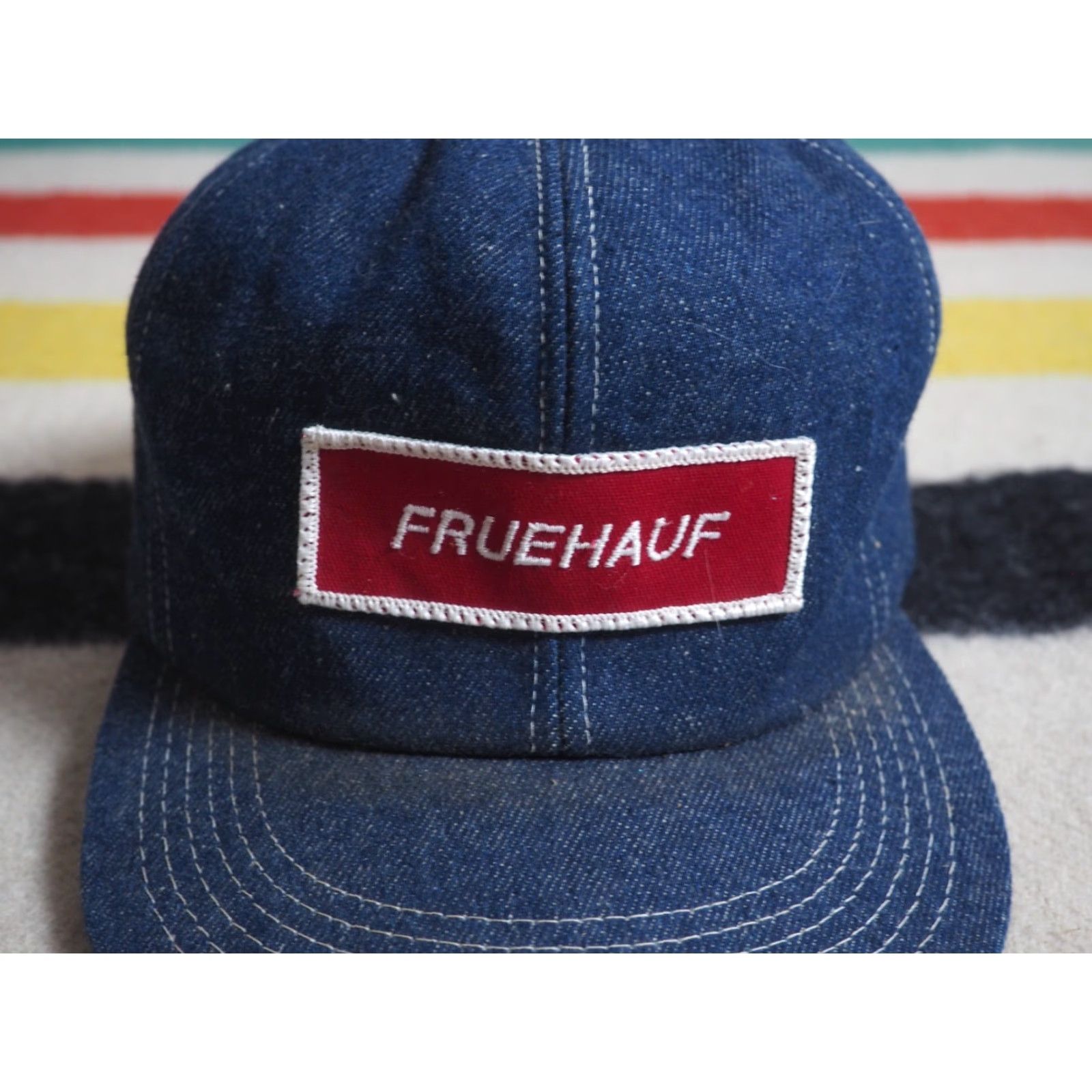 Denime VINTAGE Fruehauf Blue Denim Patch USA Trucker Snapback Hat Cap OSFM Adjustable Men Trucker Hat Denim Blue USA Patch 70s 80s Size ONE SIZE - 4 Thumbnail