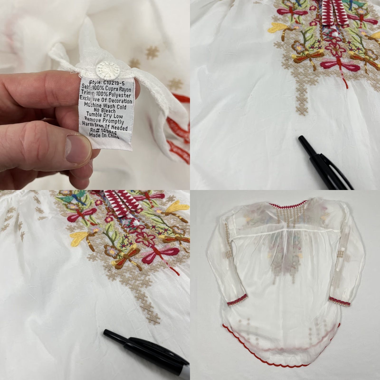 Johnny Was VINTAGE Johnny Was Tunic Top Blouse Womens XS White Dragonfly Embroidered Boho Novelty Size XS / US 0-2 / IT 36-38 - 8 Thumbnail