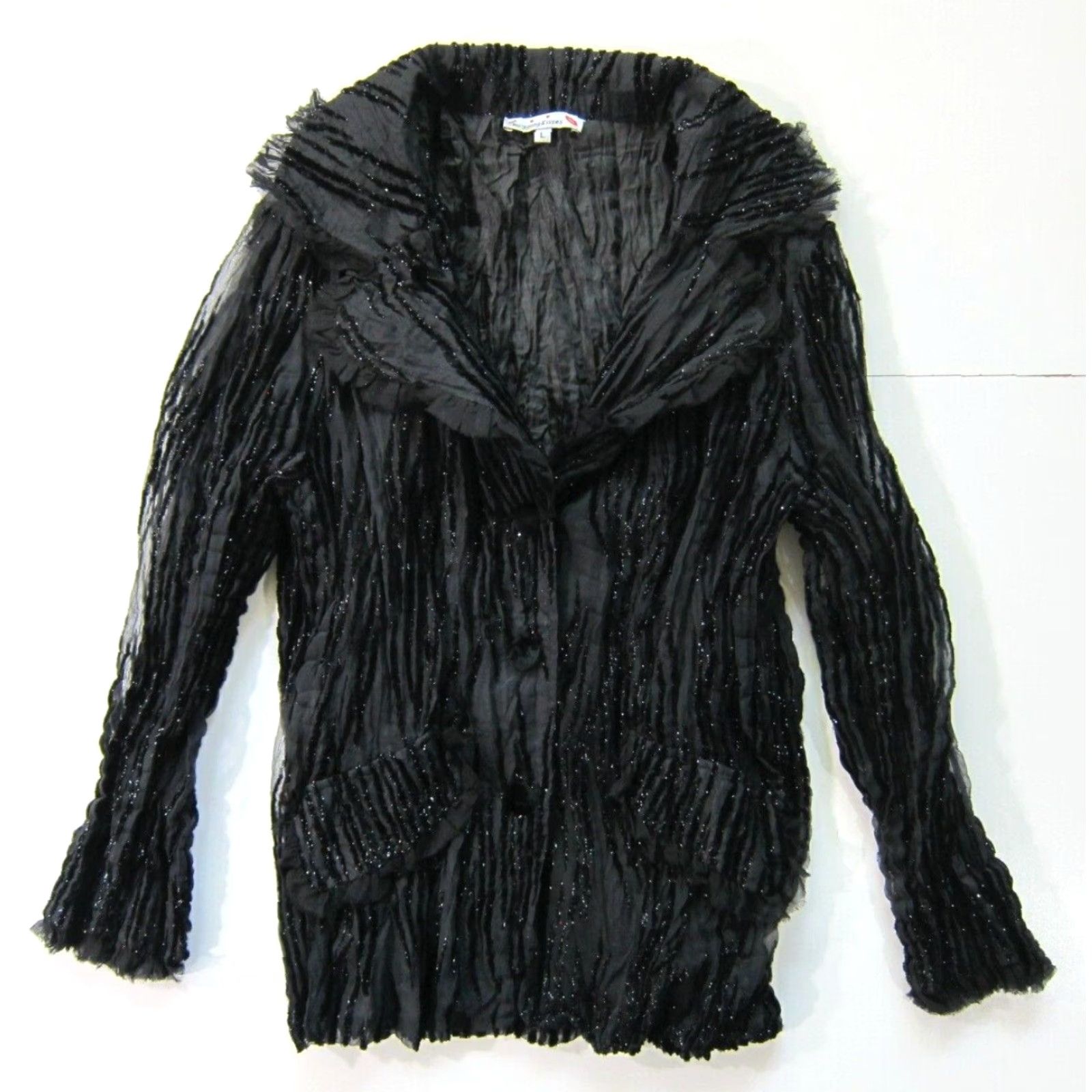 Velvet VINTAGE Hugging Kisses Blouse Shirt Large Womens Black Velvet Lace Sparkle Button Pocket Blazer Rayon Long Sleeve Collared Size L / US 10 / IT 46 - 2 Thumbnail
