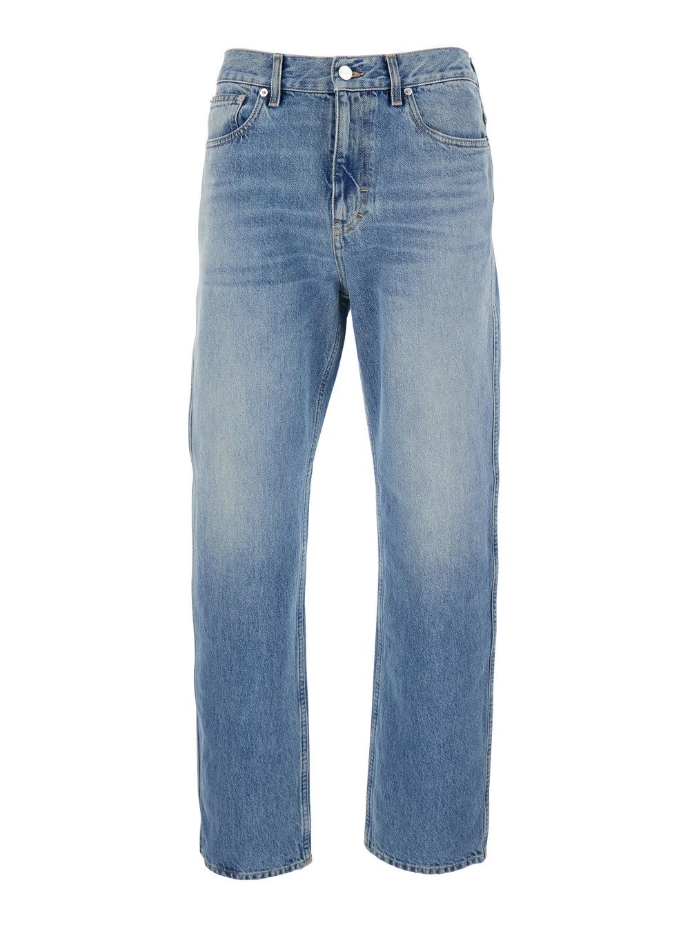Light Blue Jeans with Belt Loops and Logo Patch on the Rear in Denim Man