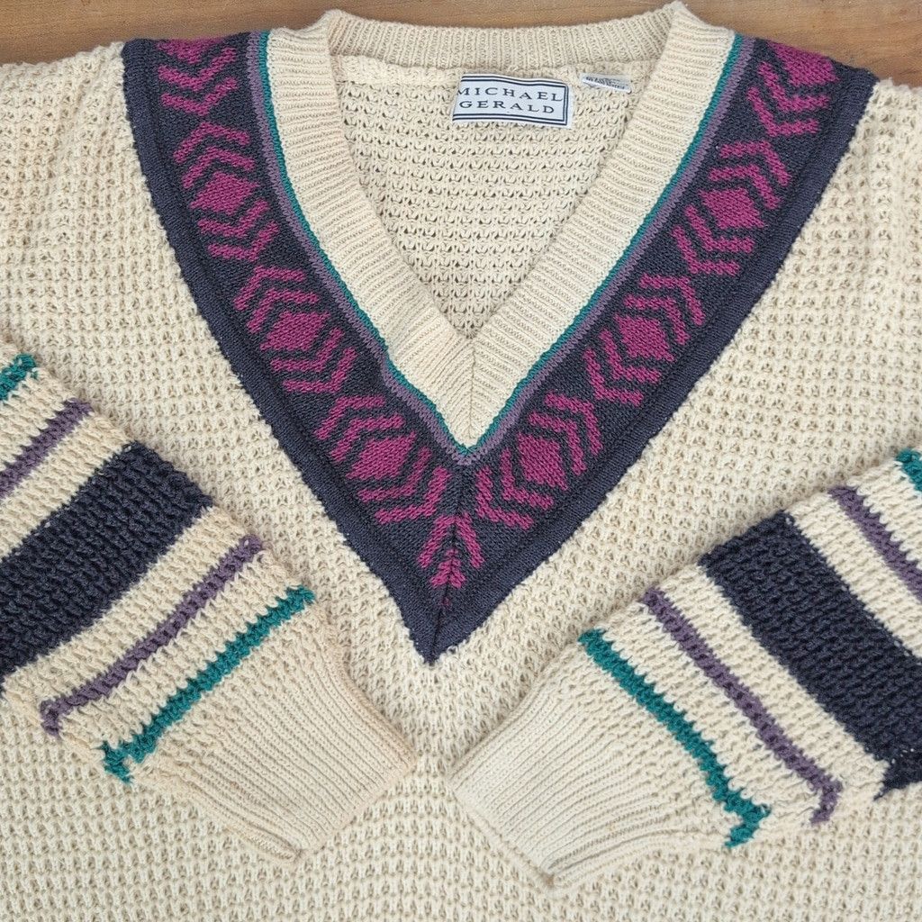 Vintage Men's Crochet Knit Vintage Michael Gerald V Neck Sweater L Size US L / EU 52-54 / 3 - 4 Thumbnail