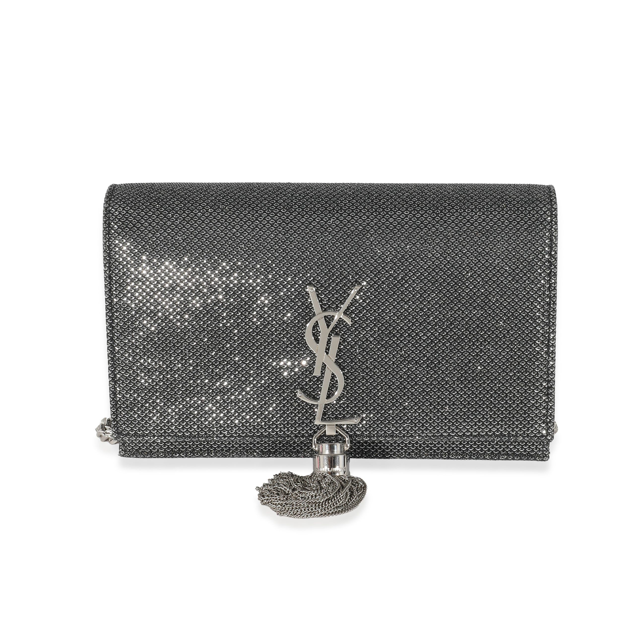 image of YVES Saint Laurent Silver Embossed Kate Tassel Chain Wallet in Black, Women's