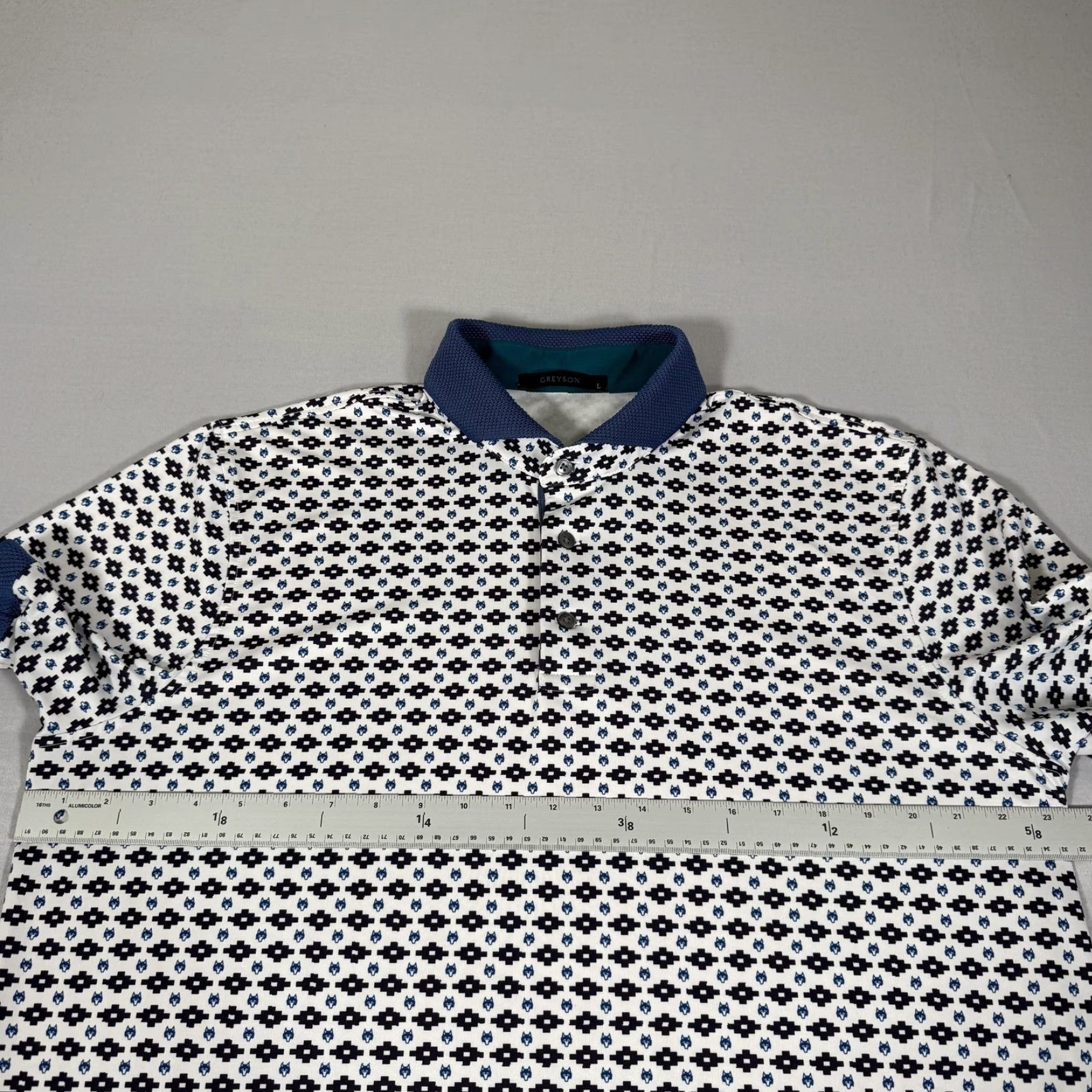 Vintage Greyson Polo Shirt Mens Large White Geometric Aztec Wolf Head Logo Stretch Golf Performance Size US L / EU 52-54 / 3 - 5 Thumbnail