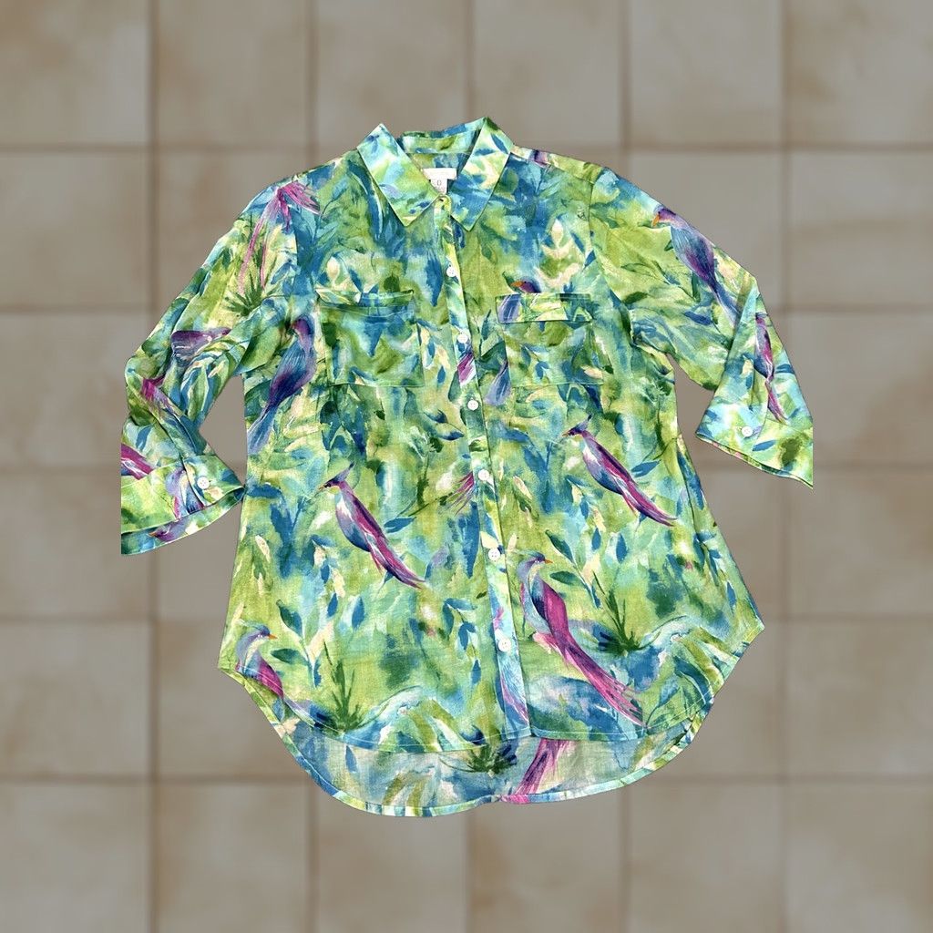 Vintage Chico's Shirt Womens 0 Green Bird Tropical Print Button Front 3/4 Sleeve Top Size XS / US 0-2 / IT 36-38 - 1 Thumbnail