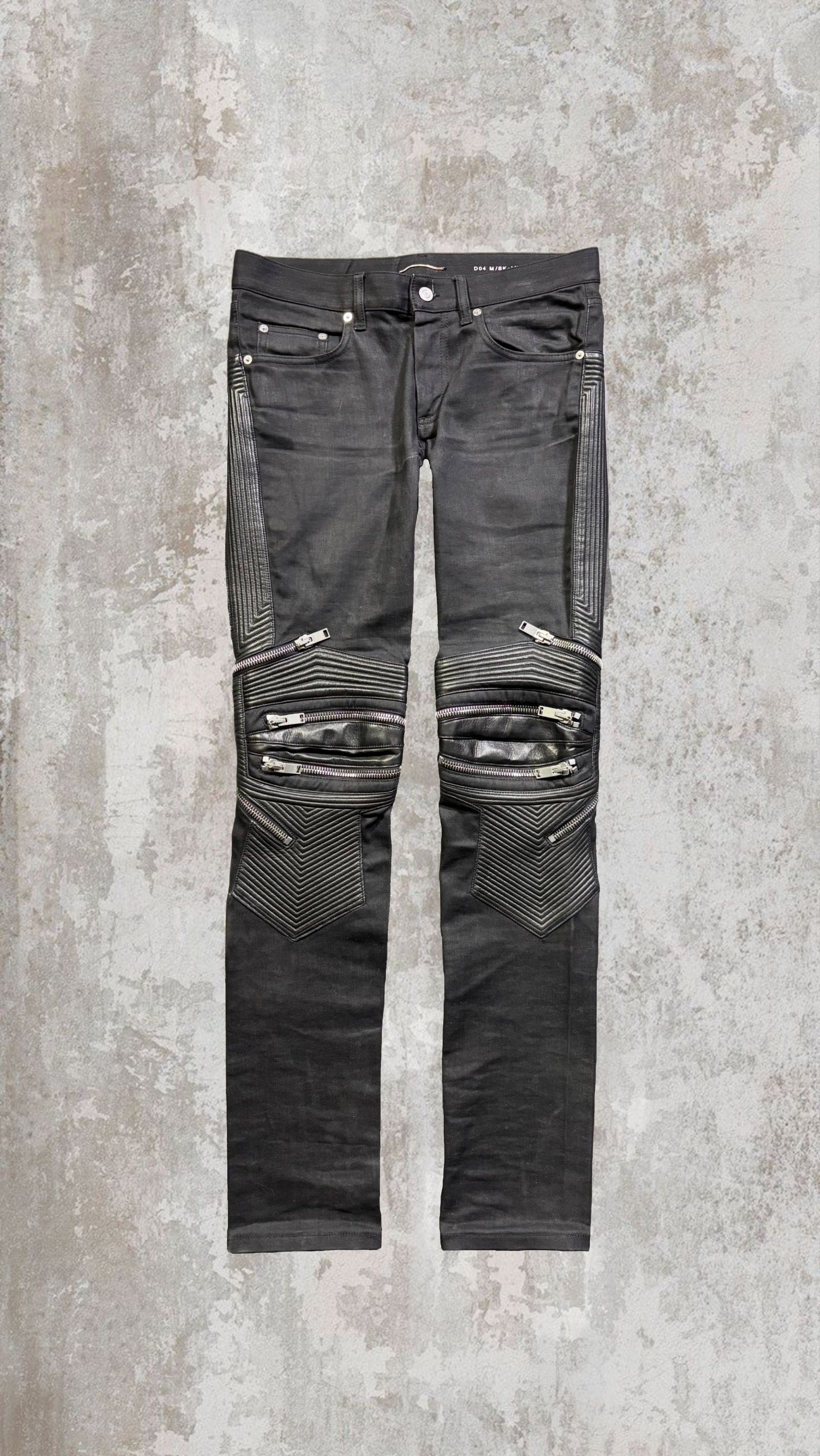Saint Laurent Paris D04 Moto Zip Biker Denim Jeans with Leather