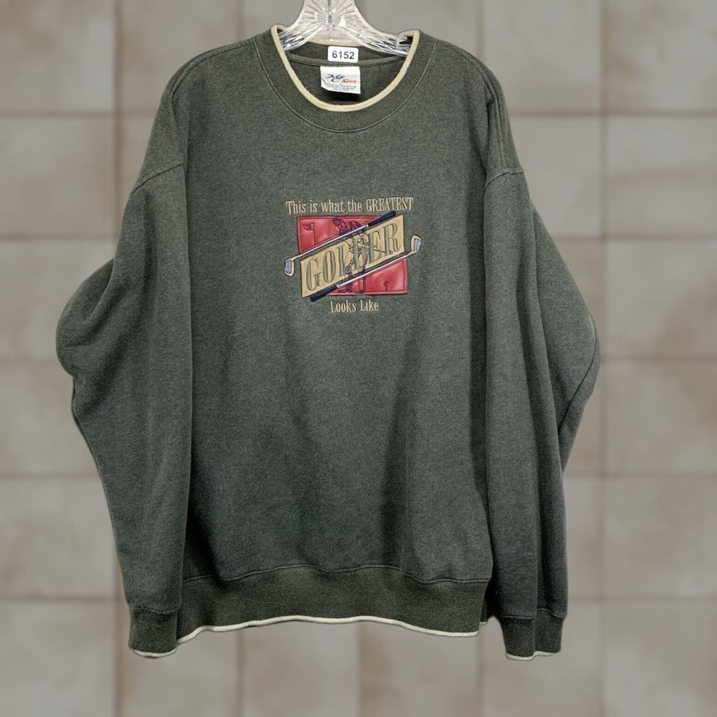 Vintage VINTAGE Men's Golf Sweatshirt XL Green 90s Sports Humor Embroidered Leather Details Crew Neck Pullover Heavyweight Fleece Size US XL / EU 56 / 4 - 1 Thumbnail