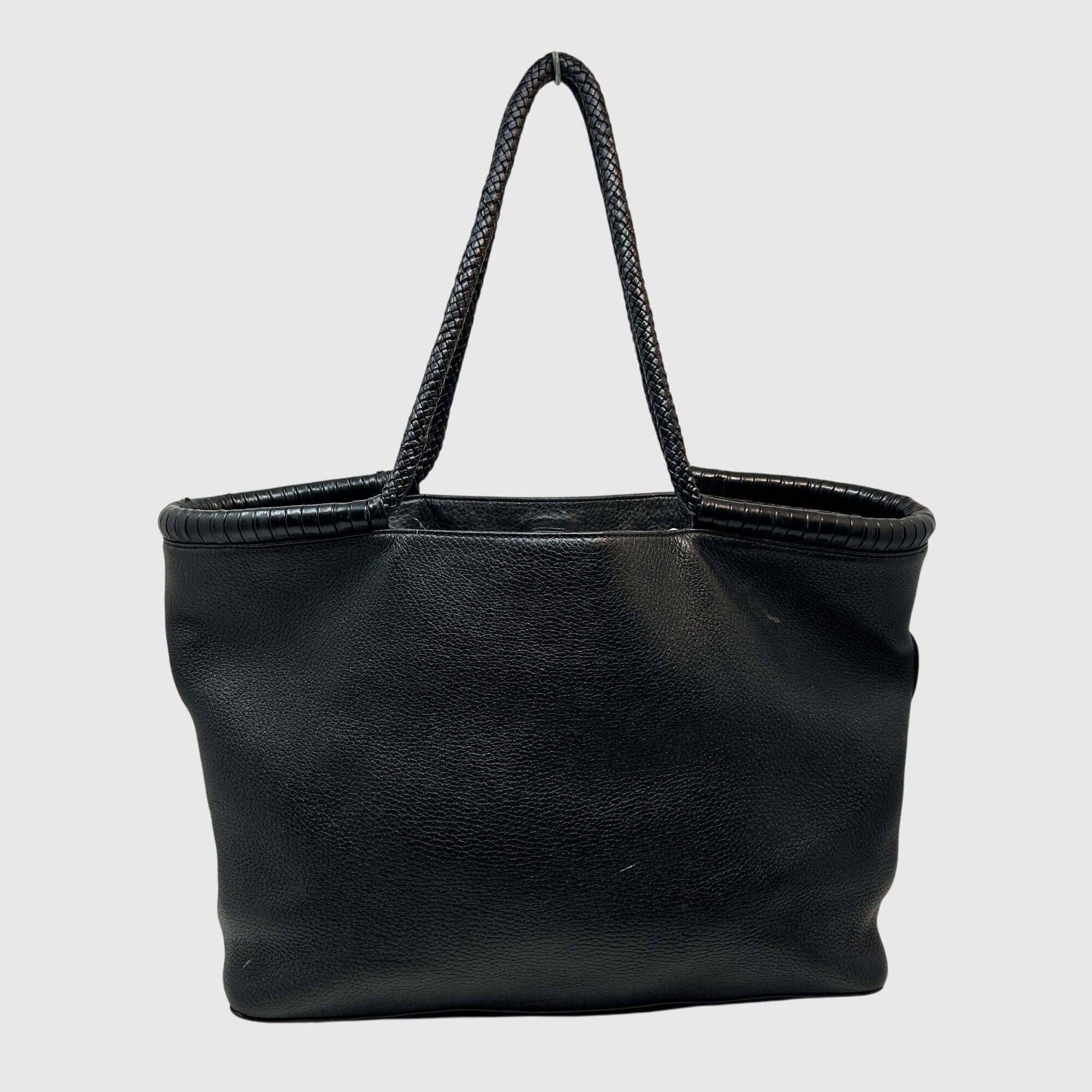 Tory Burch Tory Burch Black Pebbled Leather Tote Bag Braided Handle Size ONE SIZE - 2 Thumbnail