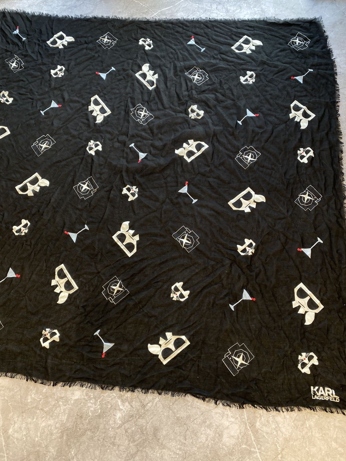 Karl Lagerfeld × Vintage Rare Karl Lagerfeld Paris Multi Logo Scarf Black White Silk Size ONE SIZE - 4 Thumbnail