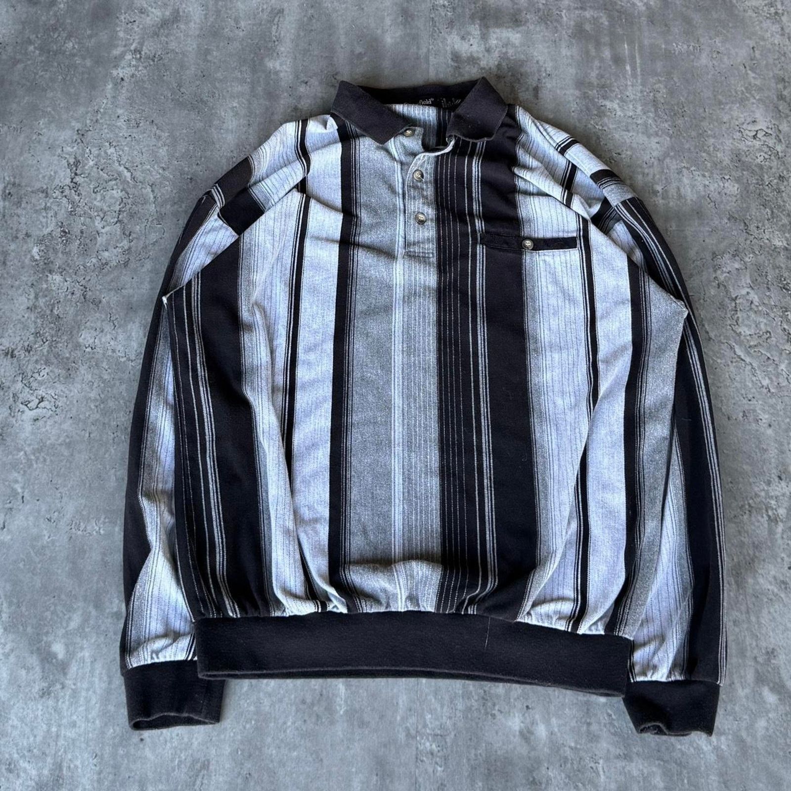 Japanese Brand × Vintage Black & Grey Tonal Stripe Long Sleeve Polo Dress Shirt Size US L / EU 52-54 / 3 - 1 Thumbnail