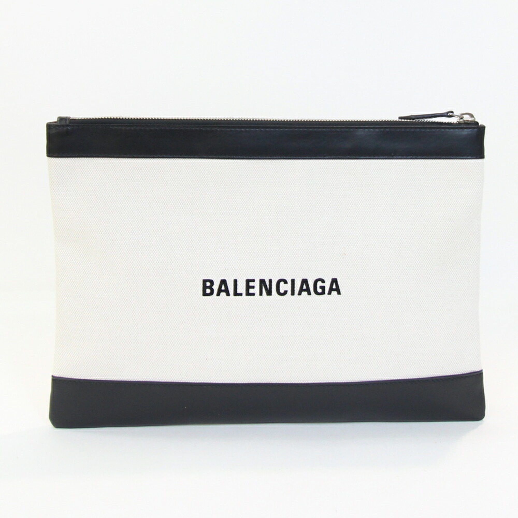 Balenciaga Clutch Bag Navy Clip M 373834 Black Ivory Canvas Leather Second Pouch Men's BALENCIAGA