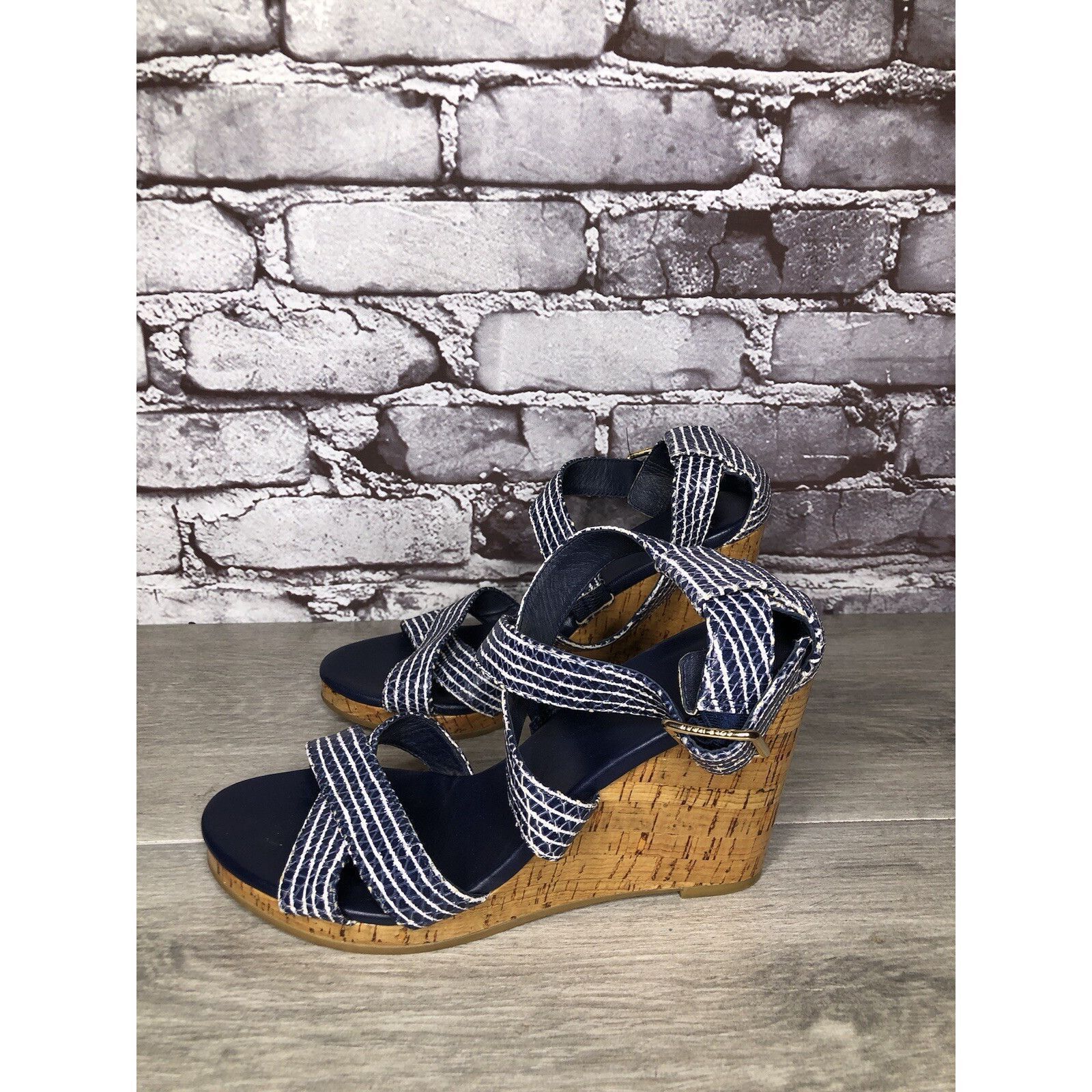 Cole Haan Cole Haan Grand OS Blue White Stripe Leather Cork Wedge Sand Size US 7.5 / IT 37.5 - 12 Thumbnail
