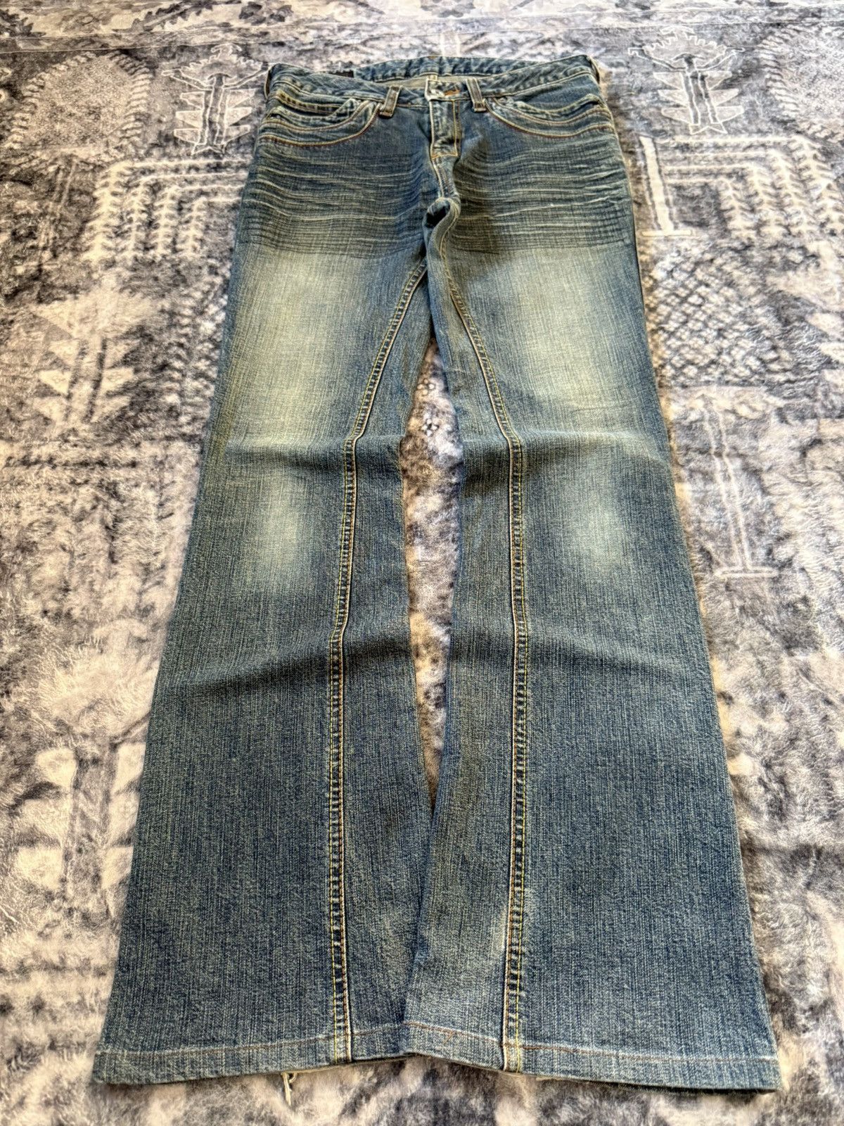 Happy Face Contrast Stitch Whiskered Bootcut Flared Jeans