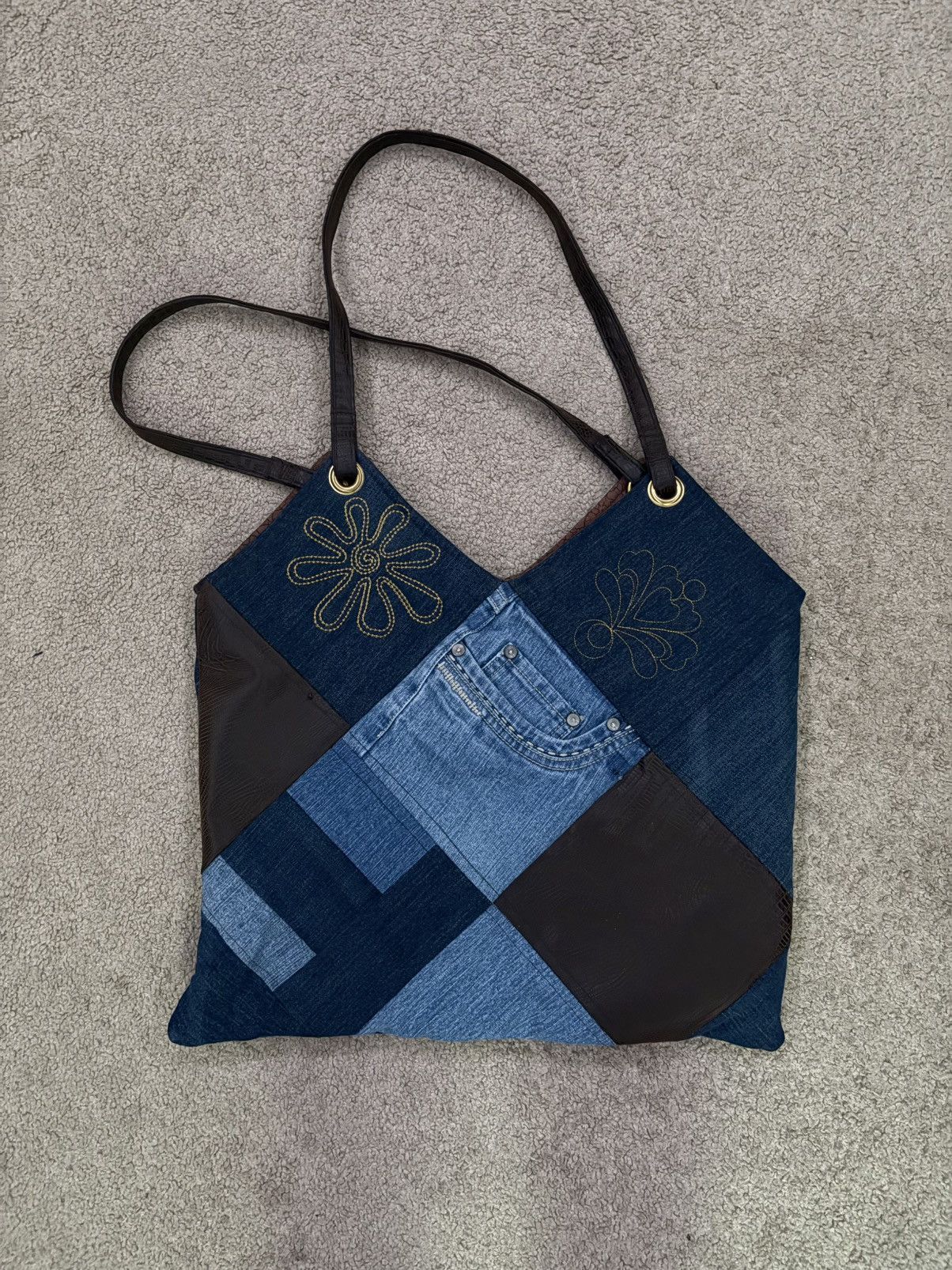 Denim Jean Patchwork Shoulder Tote Bag Handmade Distressed