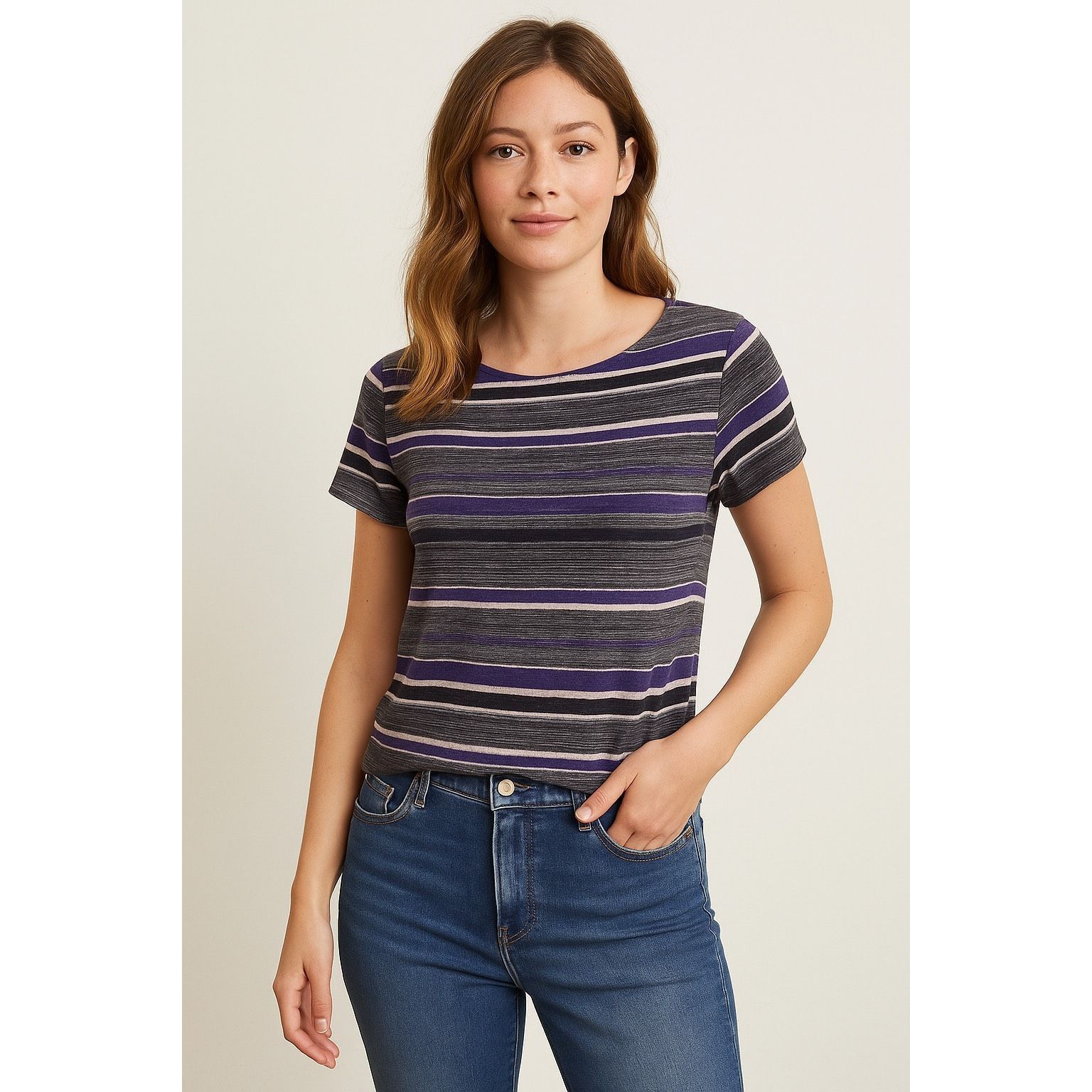Handmade Handmade Women’s Striped Short Sleeve Top Gray Purple Black Size S / US 4 / IT 40 - 2 Thumbnail