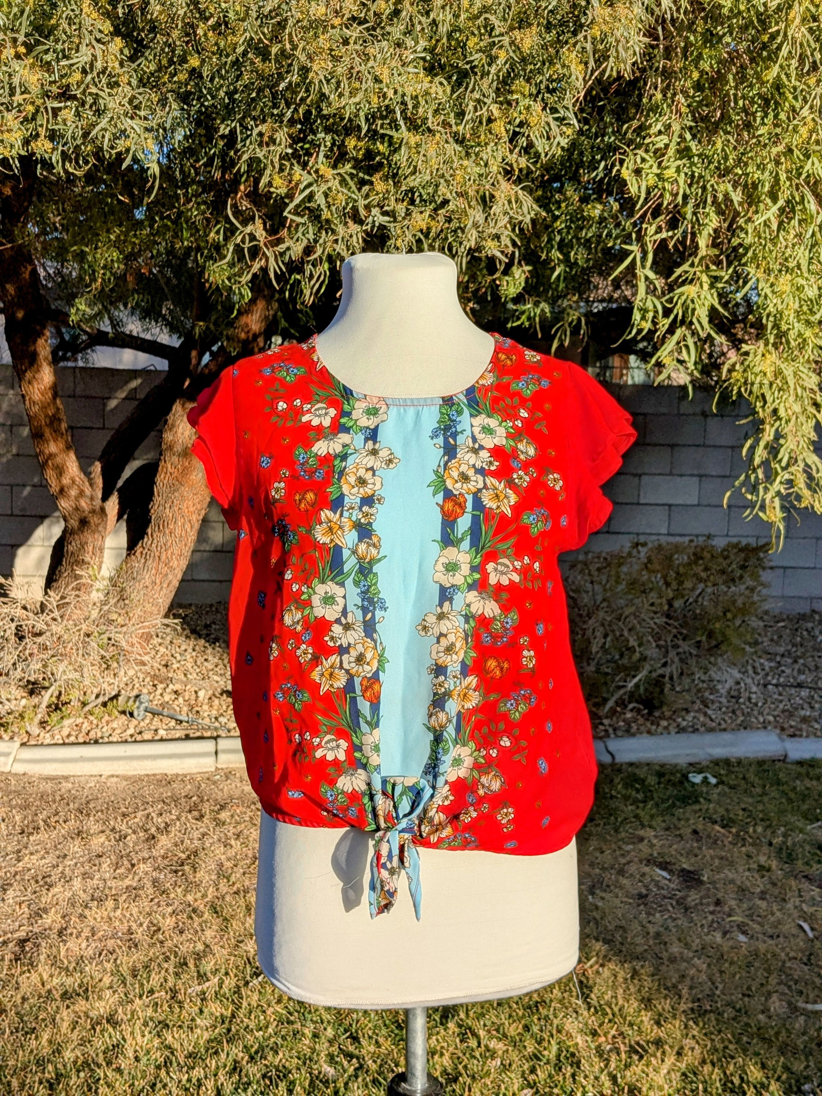 Designer Twine&String Petite Floral Tie Front Flutter Sleeves Blouse Size L / US 10 / IT 46 - 1 Thumbnail