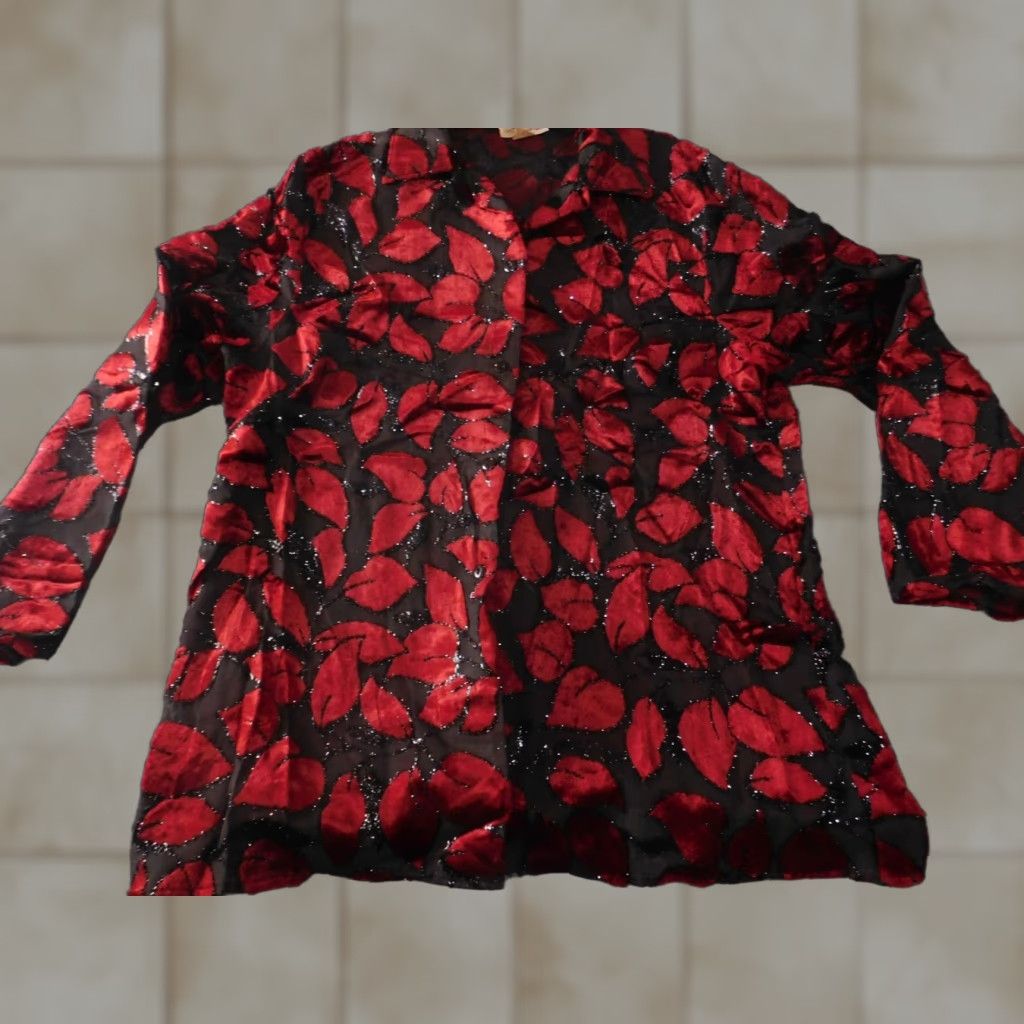 Vintage Miss California Blouse Womens XL Red Sheer Floral Button Down Collared Lightweight Polyester Rayon Casual Regular Size XL / US 12-14 / IT 48-50 - 1 Thumbnail