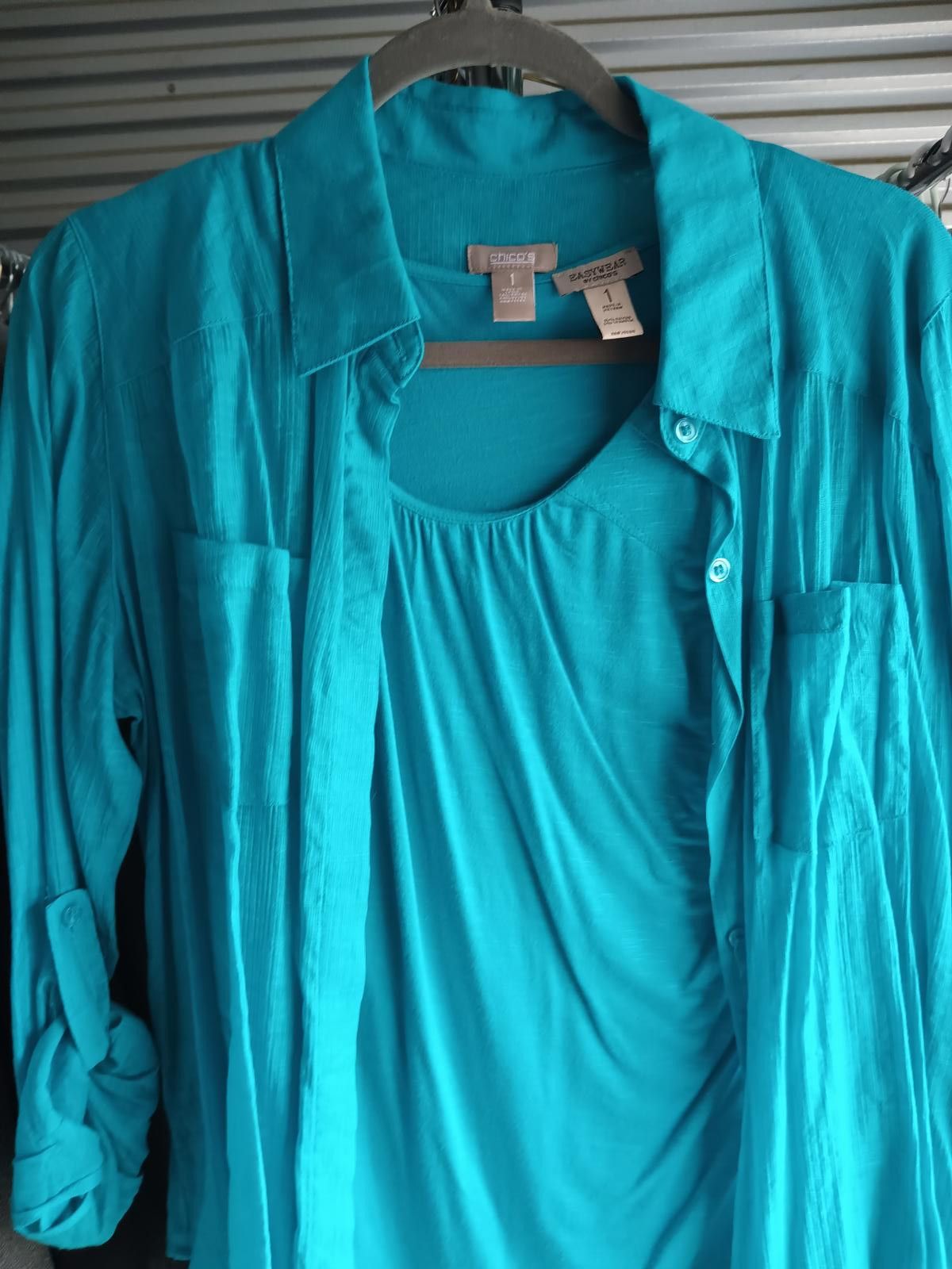 Designer Stylish Turquoise Button-Up Shirt with Tank Top Set - Chicos Size ONE SIZE - 6 Thumbnail