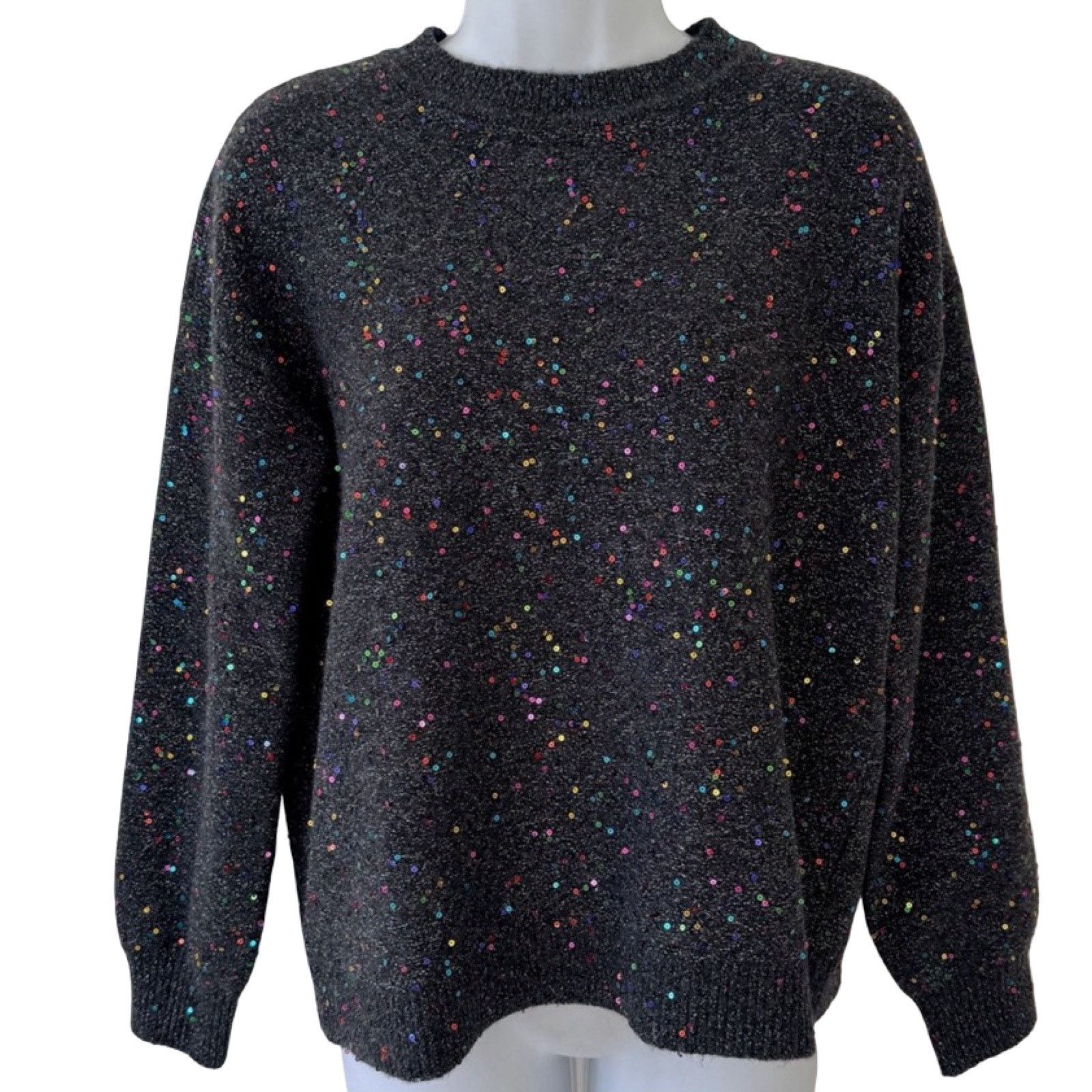 Loft LOFT Dark Gray Rainbow Sequins Knit Crew Neck Sweater size M Size M / US 6-8 / IT 42-44 - 3 Thumbnail