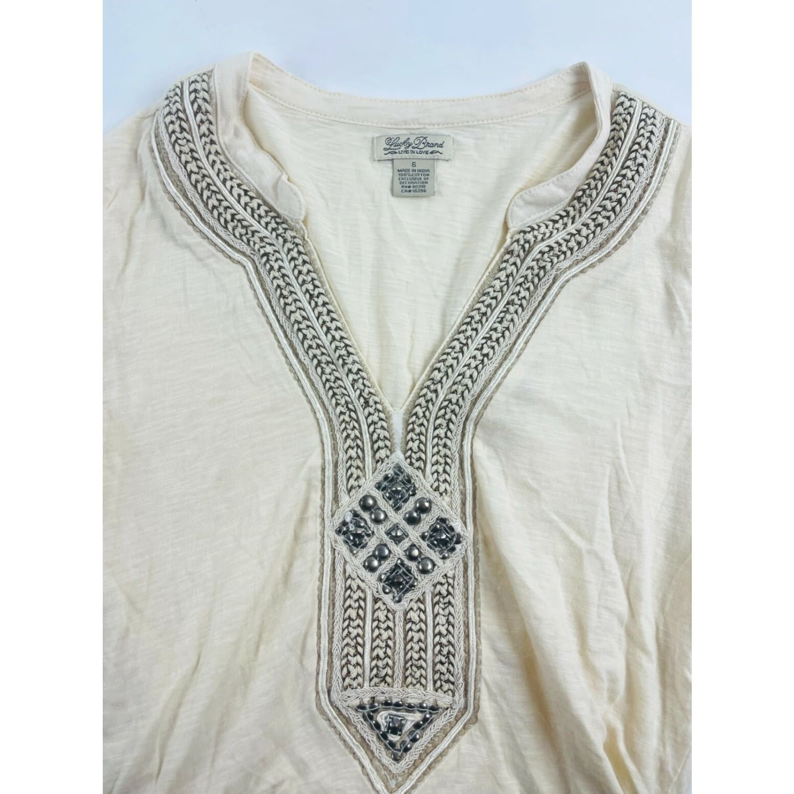 Lucky Brand Lucky Brand Blouse Women's Size S Cream Embroidered w/ Pearls V-Neck Long Sleeve Shirt Size S / US 4 / IT 40 - 3 Thumbnail