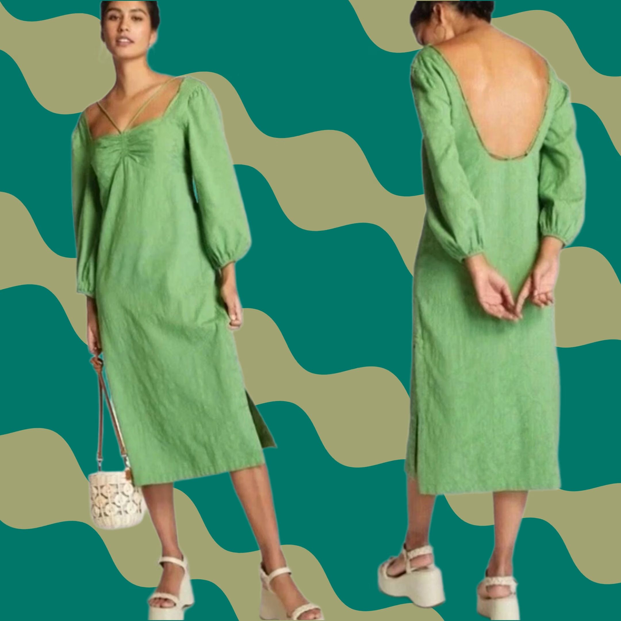 ella moss green dress Ella Moss Womens Sz M Green Strapless Drawstring Tie Faux Wrap Midi Dress R1