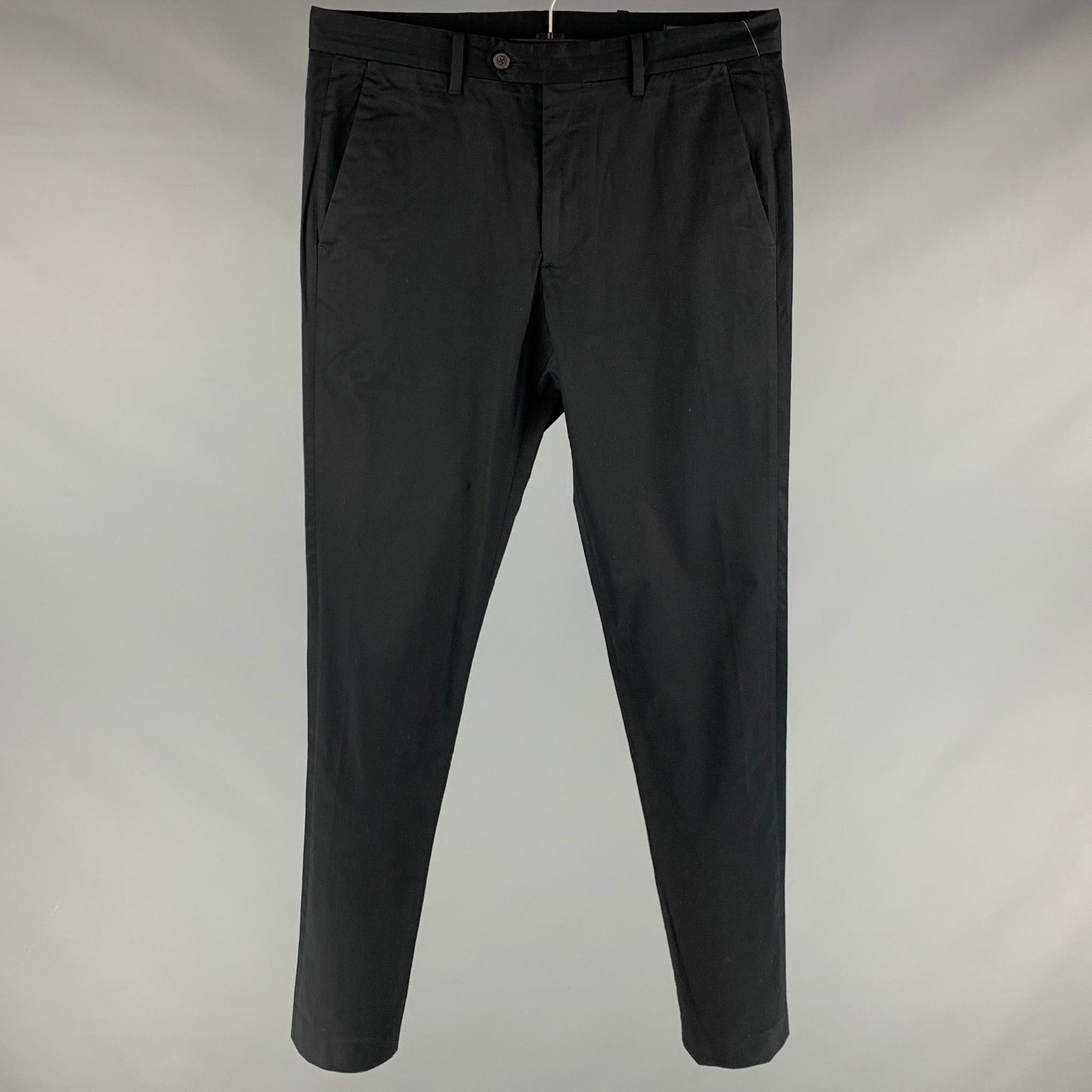 image of John Varvatos Black Cotton Elastane Flat Front Casual Pants, Men's (Size 33)