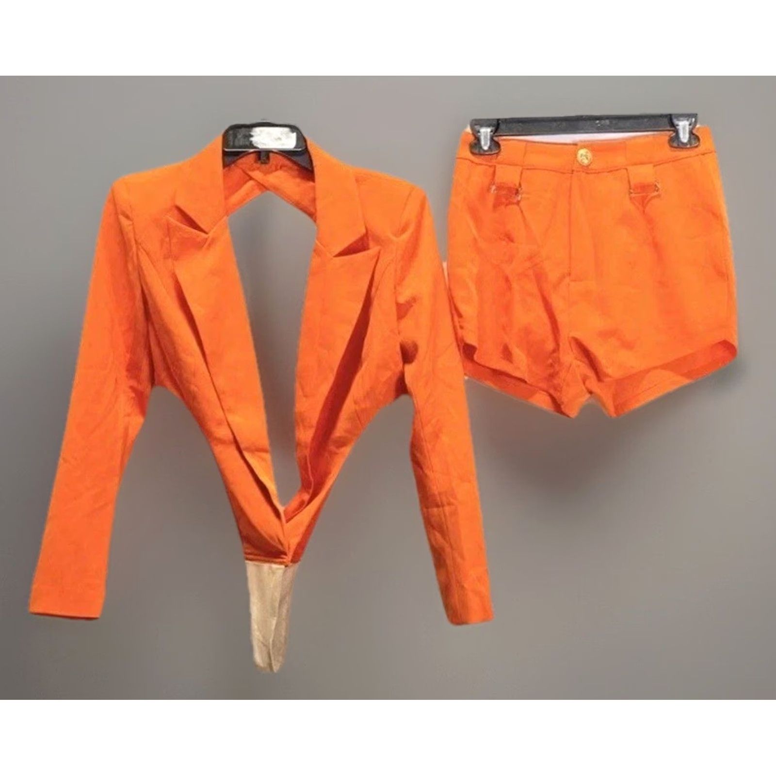 Vintage Mew Mews 2 Piece Bodysuit Shorts Set Women Orange S Long Sleeve Collared Cut Out Beach Summer Size S / US 4 / IT 40 - 2 Thumbnail