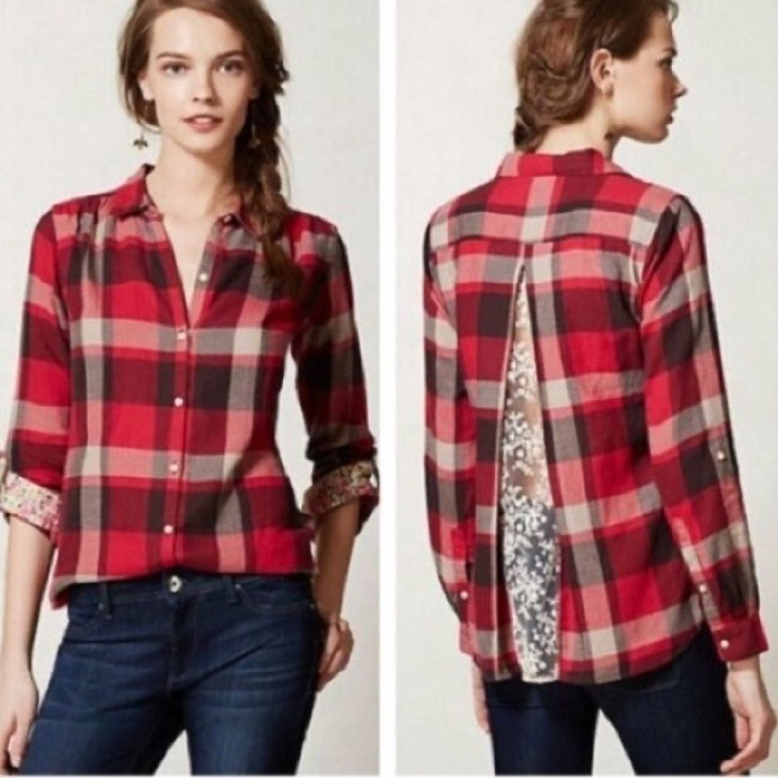 Anthropologie ANTHROPOLOGIE Red Black Plaid Lace Button Shirt Blouse Top Size M / US 6-8 / IT 42-44 - 10 Thumbnail