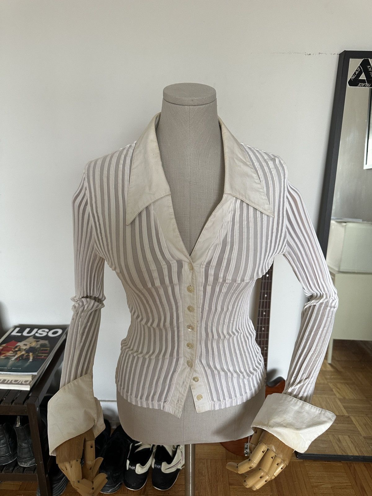 Other Paris Vintage White/Beige French Cuffed Blouse Size S / US 4 / IT 40 - 6 Thumbnail