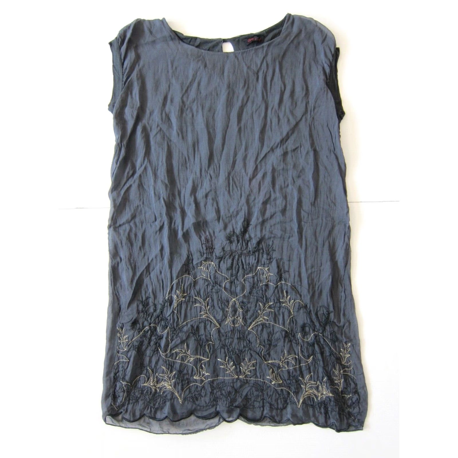 Vintage Carla Conti Italy 100% Silk Grey Embroidered Cap Sleeve Shift Tunic Dress Small Size S / US 4 / IT 40 - 2 Thumbnail