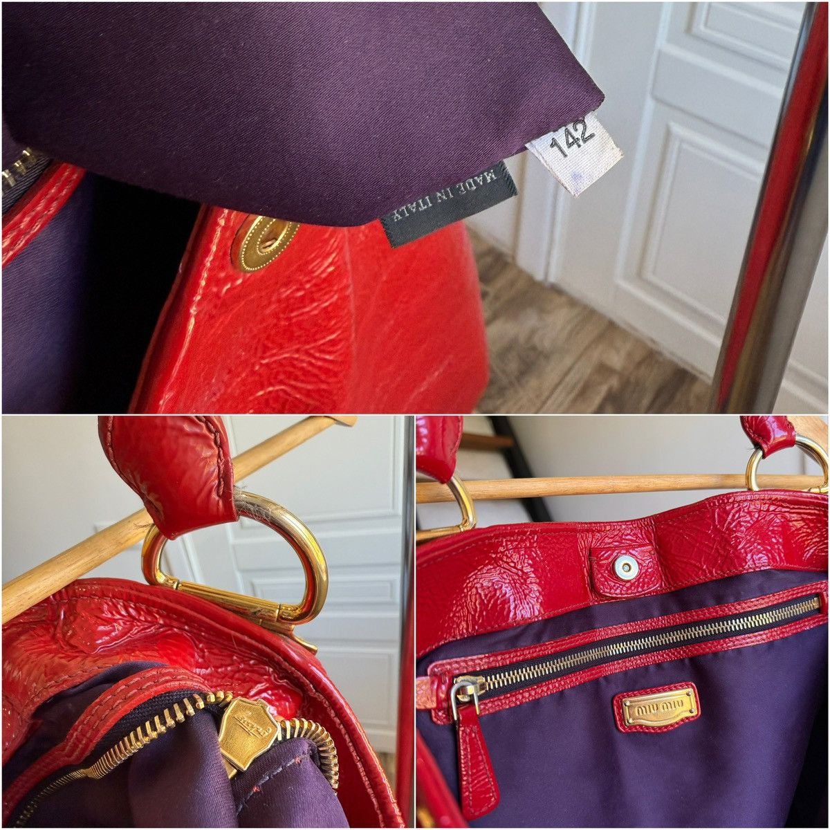 Miu Miu Miu Miu Crinkle Patent Leather Tote Rosso Red Hand Bag Size ONE SIZE - 4 Thumbnail