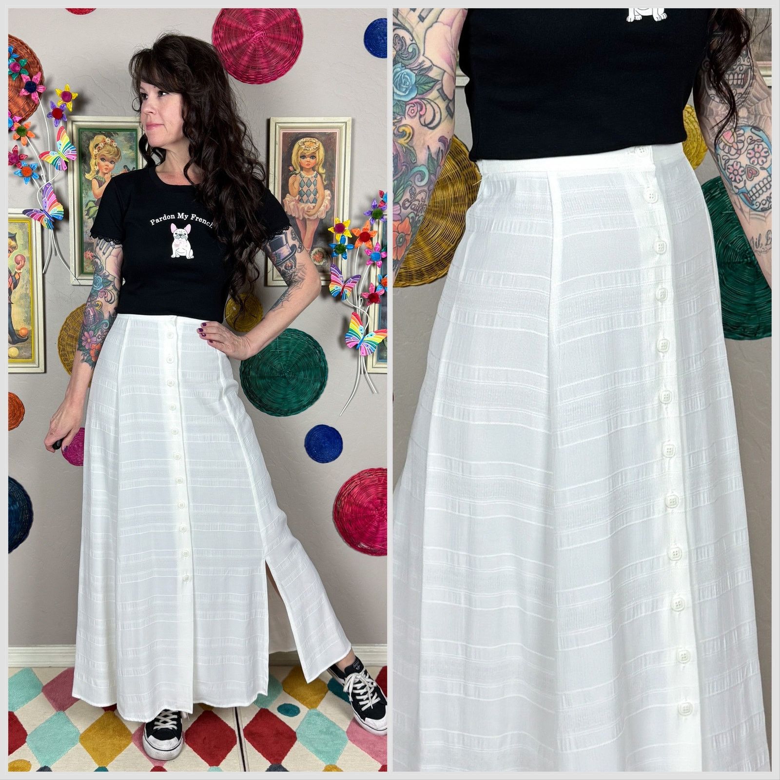 Vintage 80s Off White High Waist Button Front Maxi Skirt with Slits Size 29" - 1 Thumbnail