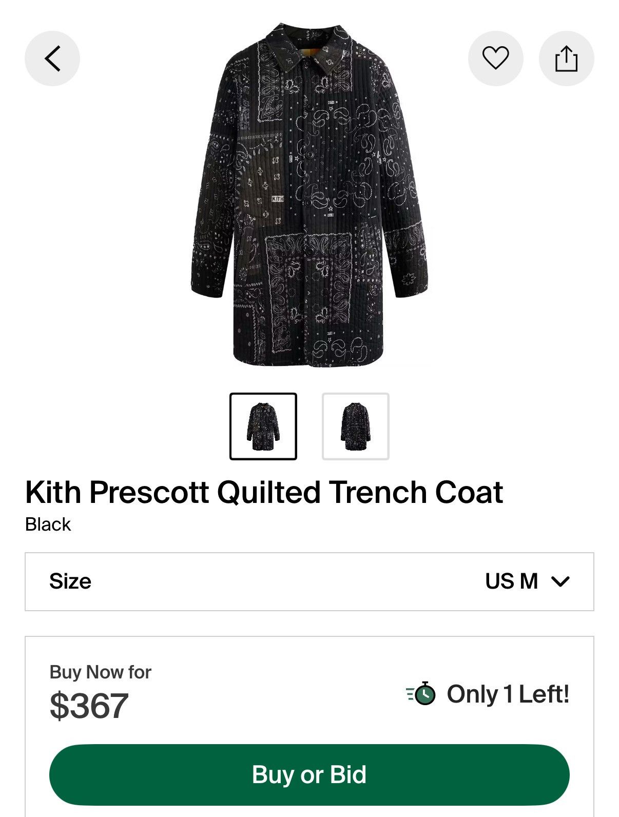 Kith Kith FW22 Prescott Quilted Trench Coat M Paisley Bandana Size US M / EU 48-50 / 2 - 9 Thumbnail