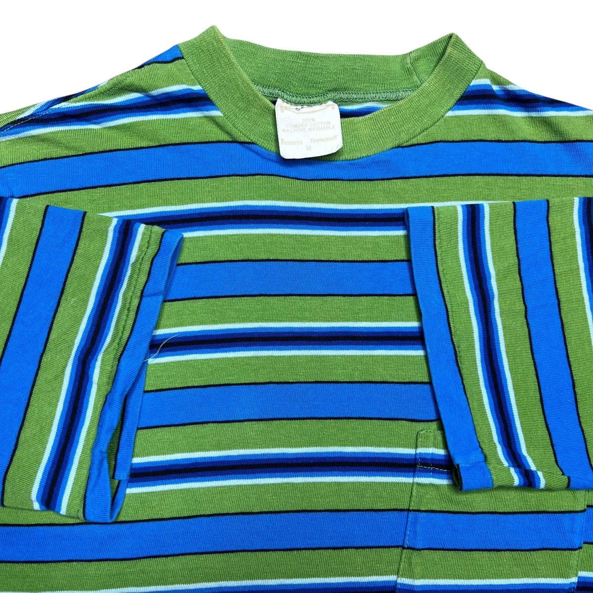 Vintage 1970s Penneys Towncraft The Inn Shop Green Blue Stripped Tee Size US M / EU 48-50 / 2 - 2 Thumbnail