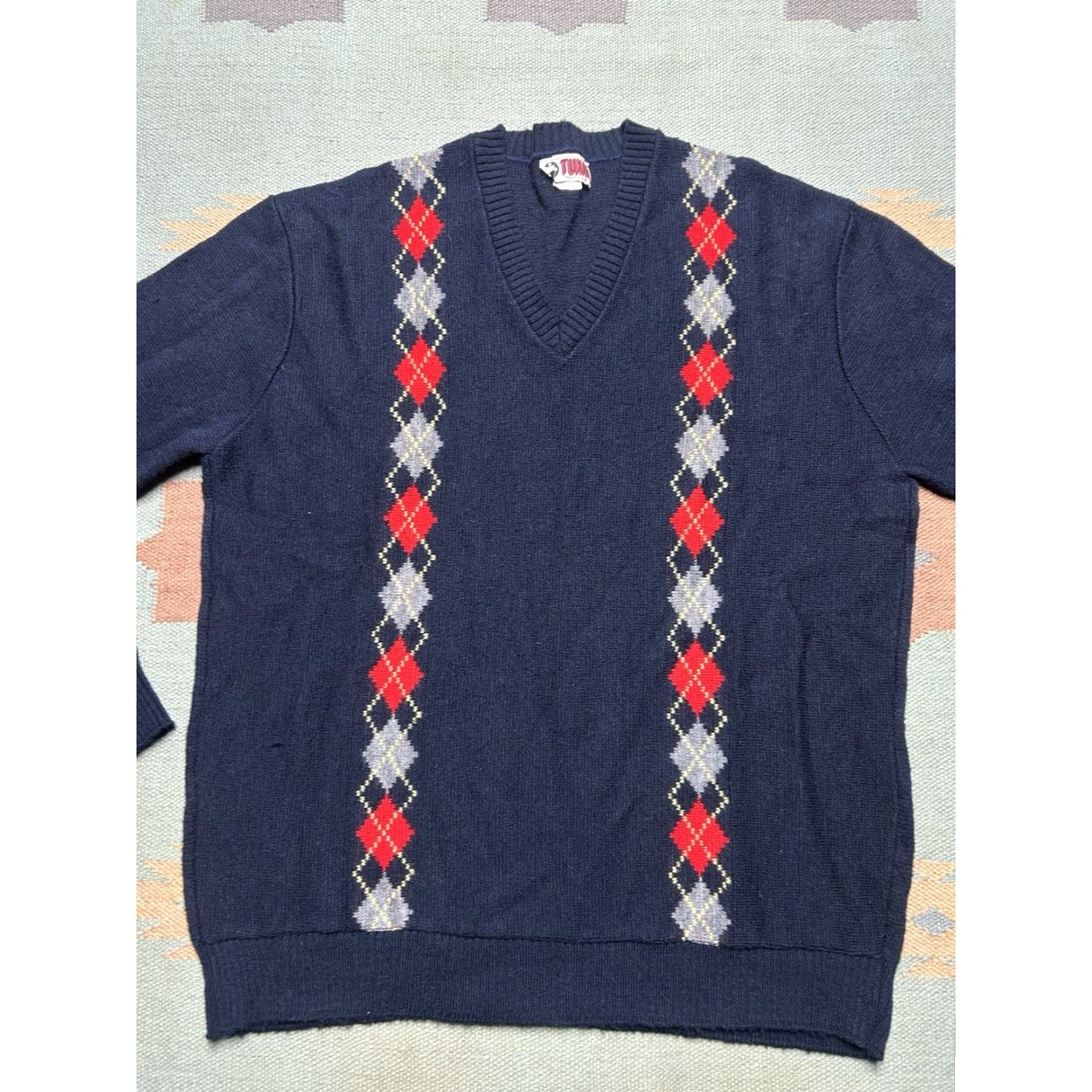 Vintage VINTAGE Tuxan Sweater Argyle V-Neck Pullover 80s 70s Blue 2XL Men’s Long Size US XXL / EU 58 / 5 - 2 Thumbnail