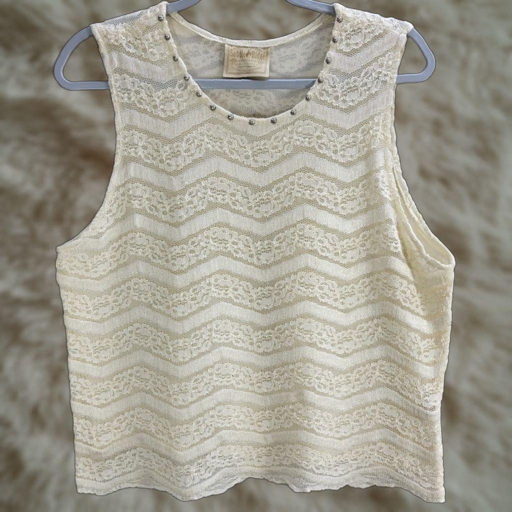 Vintage Saddle Ridge Cream Lace Studded Collar Sleeveless Top Western Nylon Rayon XL Cropped Tank Women Womens Shirt Size XL / US 12-14 / IT 48-50 - 1 Thumbnail