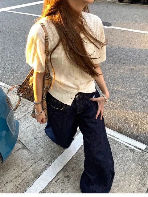 Japanese Brand × Vintage Women Deep Blue Loose Wide Leg Jeans Size 33" - 2 Thumbnail