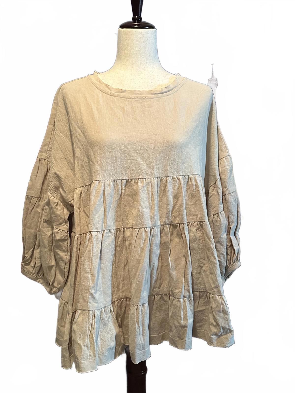 Other Bluivy Beige Tiered Peplum Blouse with 3/4 Sleeves Size L / US 10 / IT 46 - 2 Thumbnail