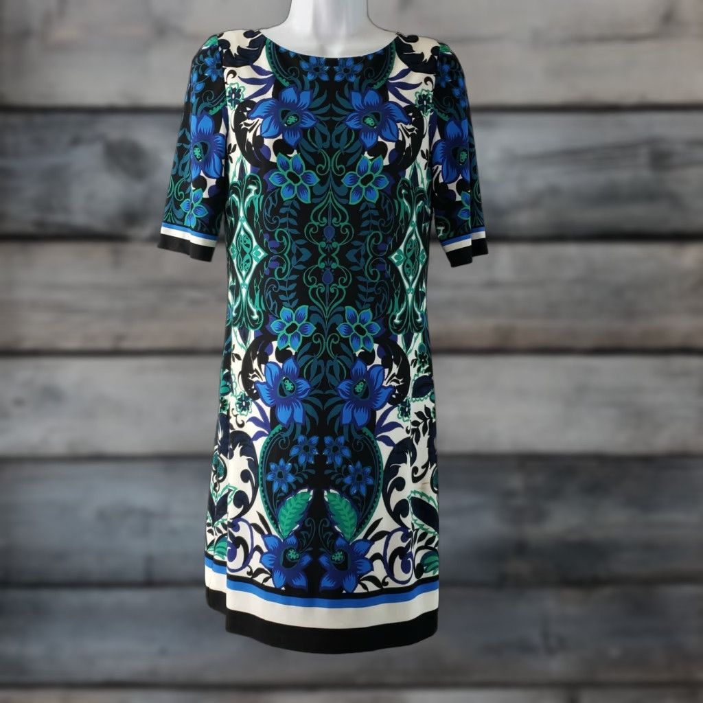 Vintage Eliza J Womens Dress Sz 2 Black Floral Half Sleeve Zip Knee Length Shift Polyester Blend Size XS / US 0-2 / IT 36-38 - 1 Thumbnail